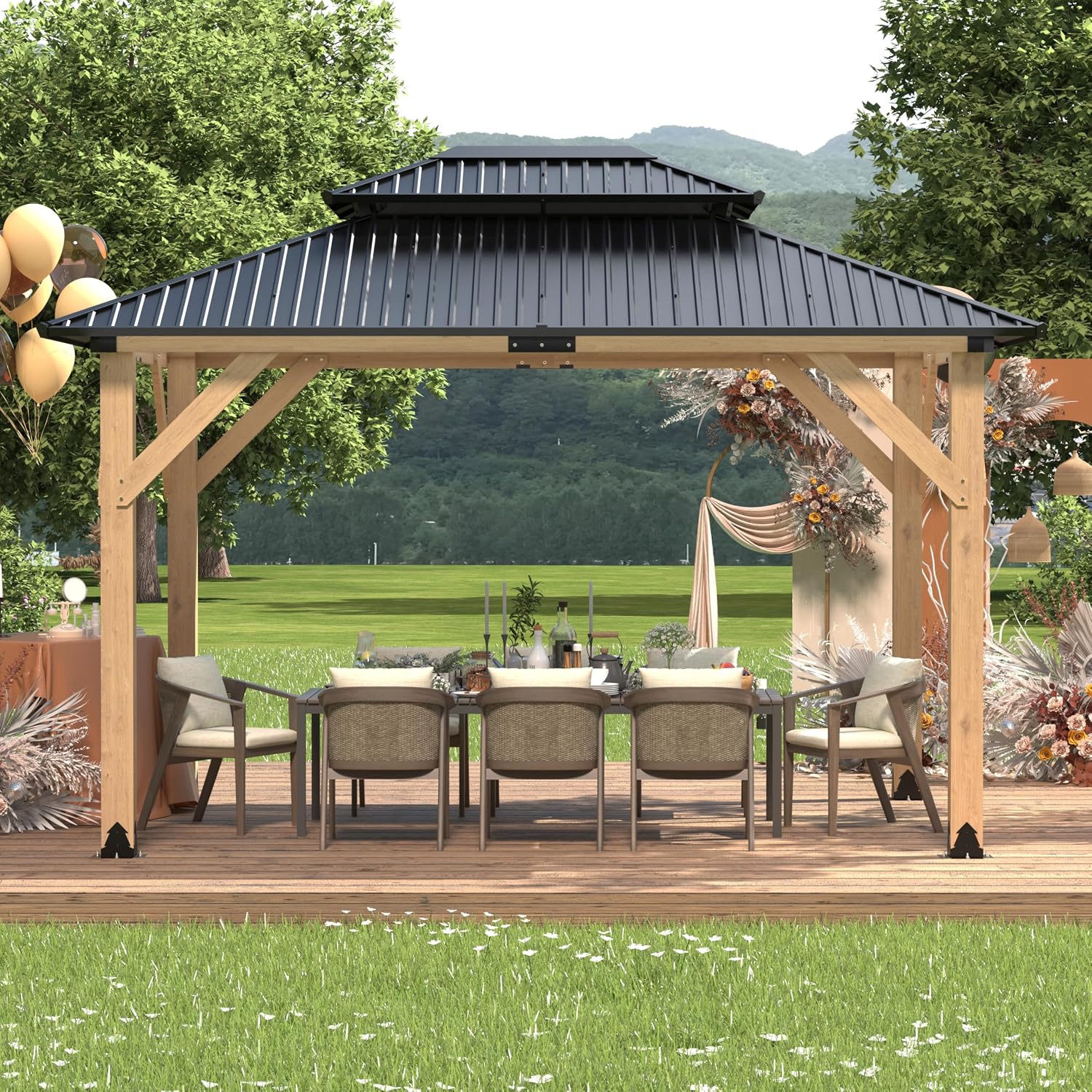 Outdoor Wooden Gazebo - Outdoor Patio Gazebo with Galvanized Steel Double Roof, Cedar Wooden Frame Pavilion, Pergolas for Garden, Lawn, Poolside (13X15FT)