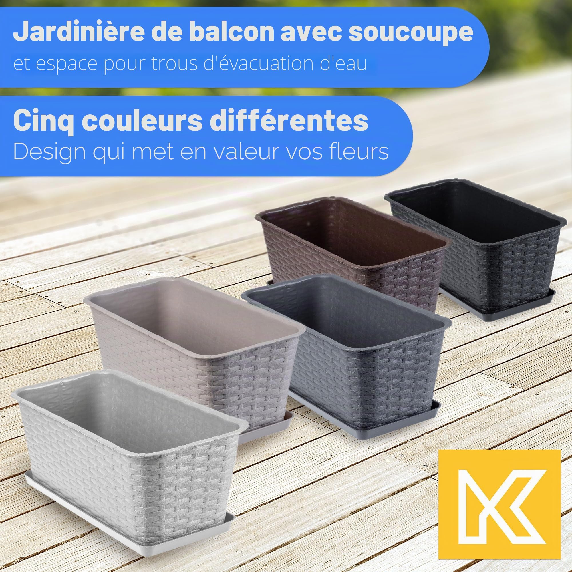 KADAX jardinière Lezucha 40 cm avec Soucoupe - Anthracite Plastique Aspect rotin - pour Balcon - Soucoupe récupératrice et Trous de Drainage Anti-débordement pour l’arrosage