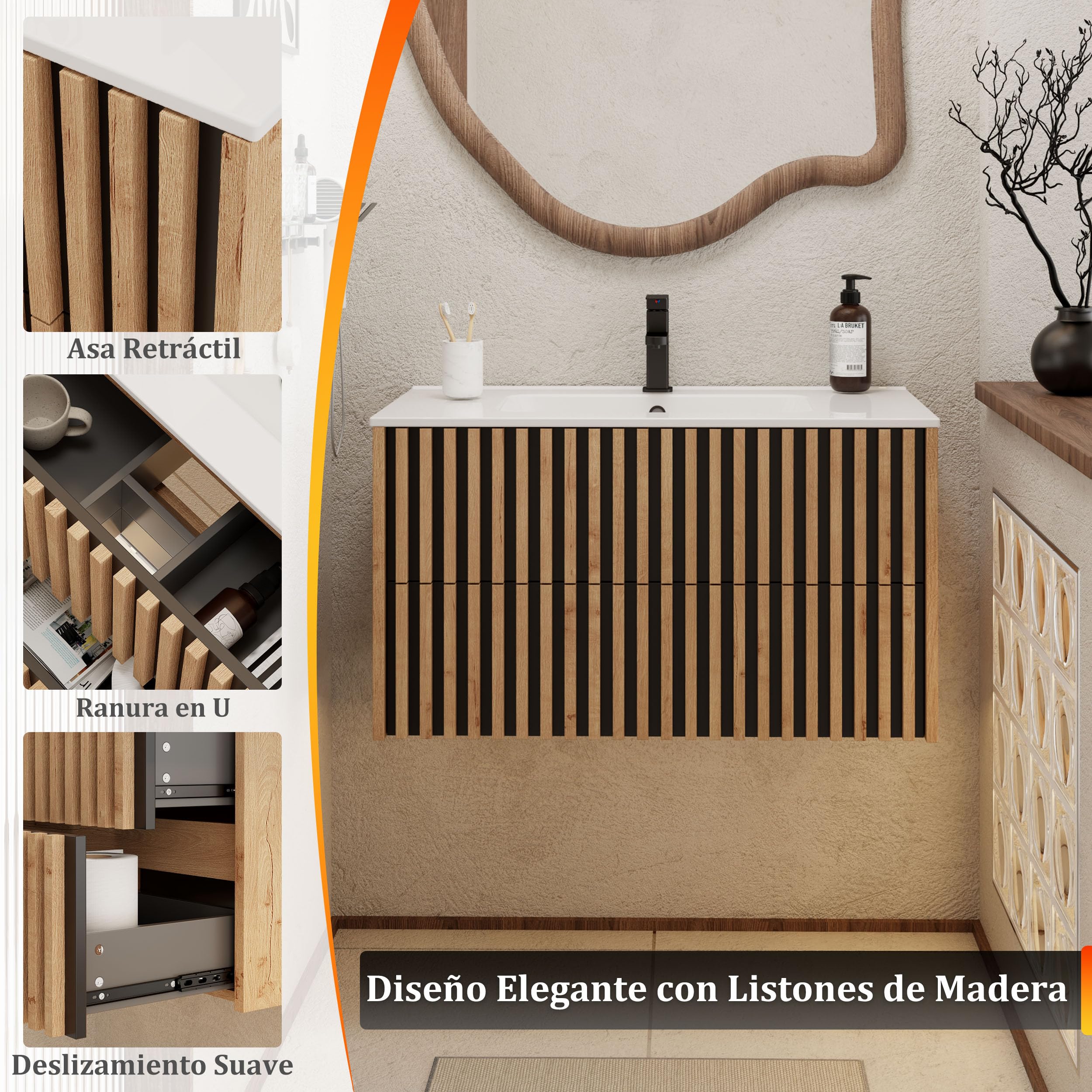UEV 90CM Mueble de Baño Suspendido con Lavabo de Cerámica, Mueble Lavabo Incluido con 2 Cajones para Almacenaje, Moderno y Práctico, Natural