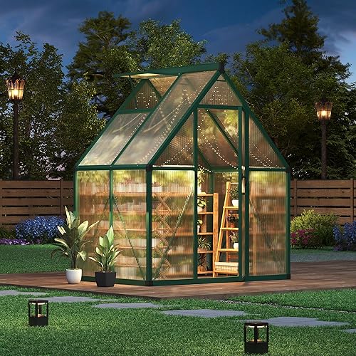 GarveeHome 6×4 FT Outdoor Greenhouse, Large Walk in Greenhouses for Outdoors and Garden Planting, Polycarbonate Green House with Enhanced Aluminum Frame and W/Lockable Push Door, Green