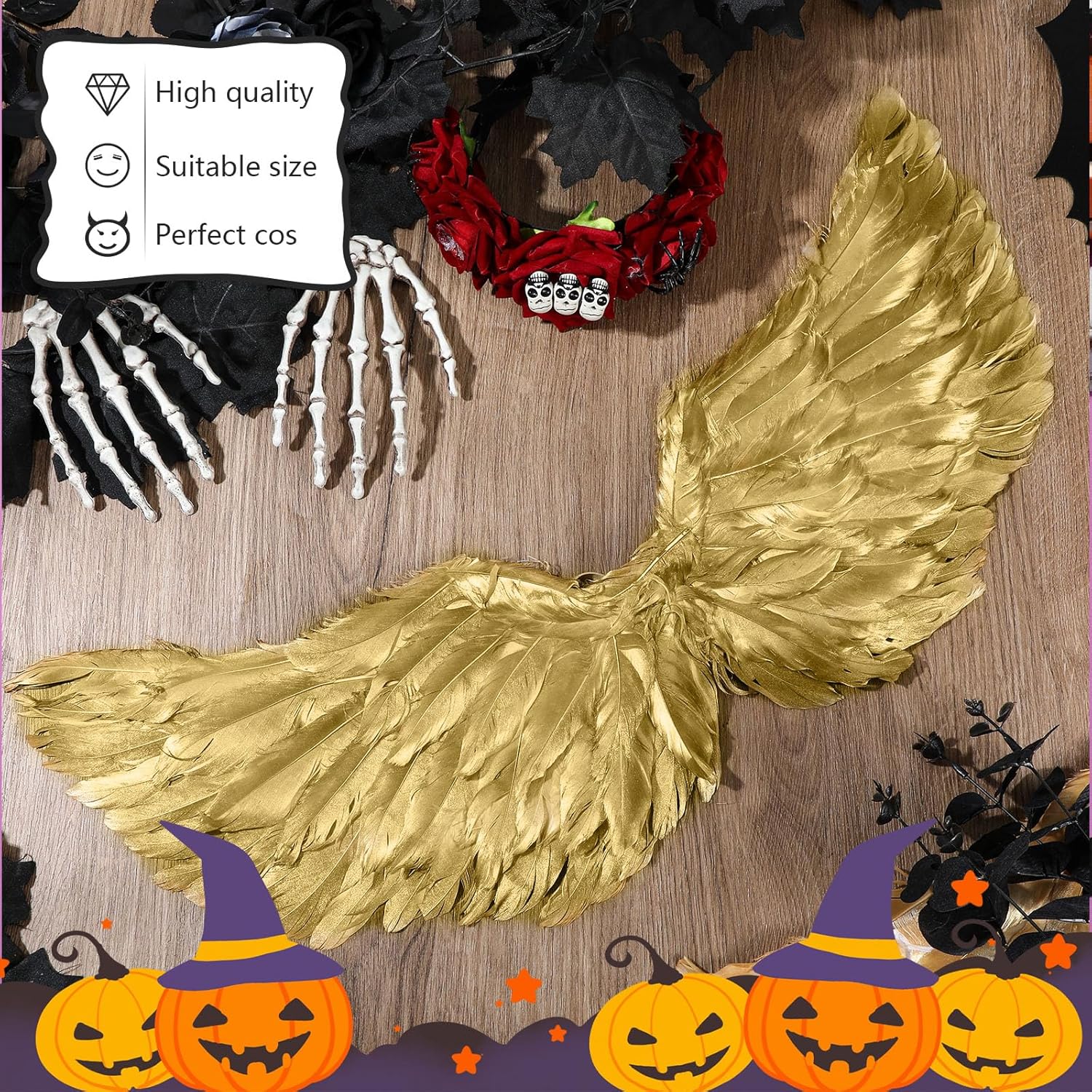 Jenaai 2 Pieces Halloween Angel Wings Feather Wings with Elastic Straps Cosplay Wing for Halloween Costume Party Women (23.62 x 13.78 inches,Gold)