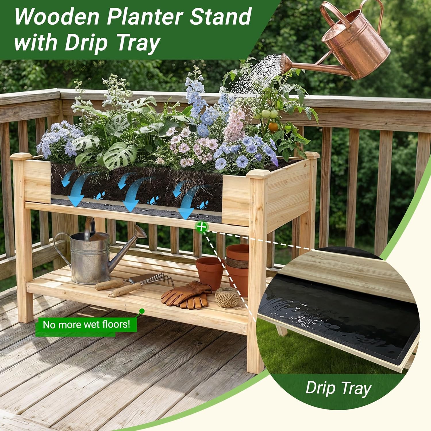 Raised Garden Bed 48x23x31.1-Inch Elevated Wood Planter with Water Collection Tray, Storage Shelf & Protective Liner – Spacious, Ergonomic, Drainage-Optimized Outdoor Planter for Vegetables