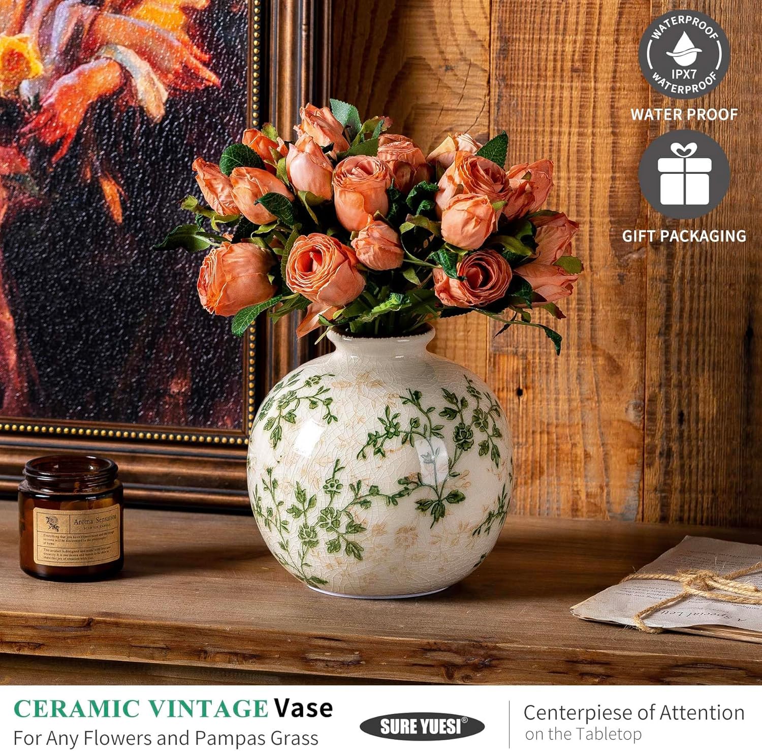 Green and Beige Pastoral Vase, Vintage Round Ceramic Floral Vases, Decorative Rustic Farmhouse Vase for Flowers, Living Room, Office Chinoiserie Home Decor, Tuscan Cottage Core Centerpiece 5.9 Inch - Image 5