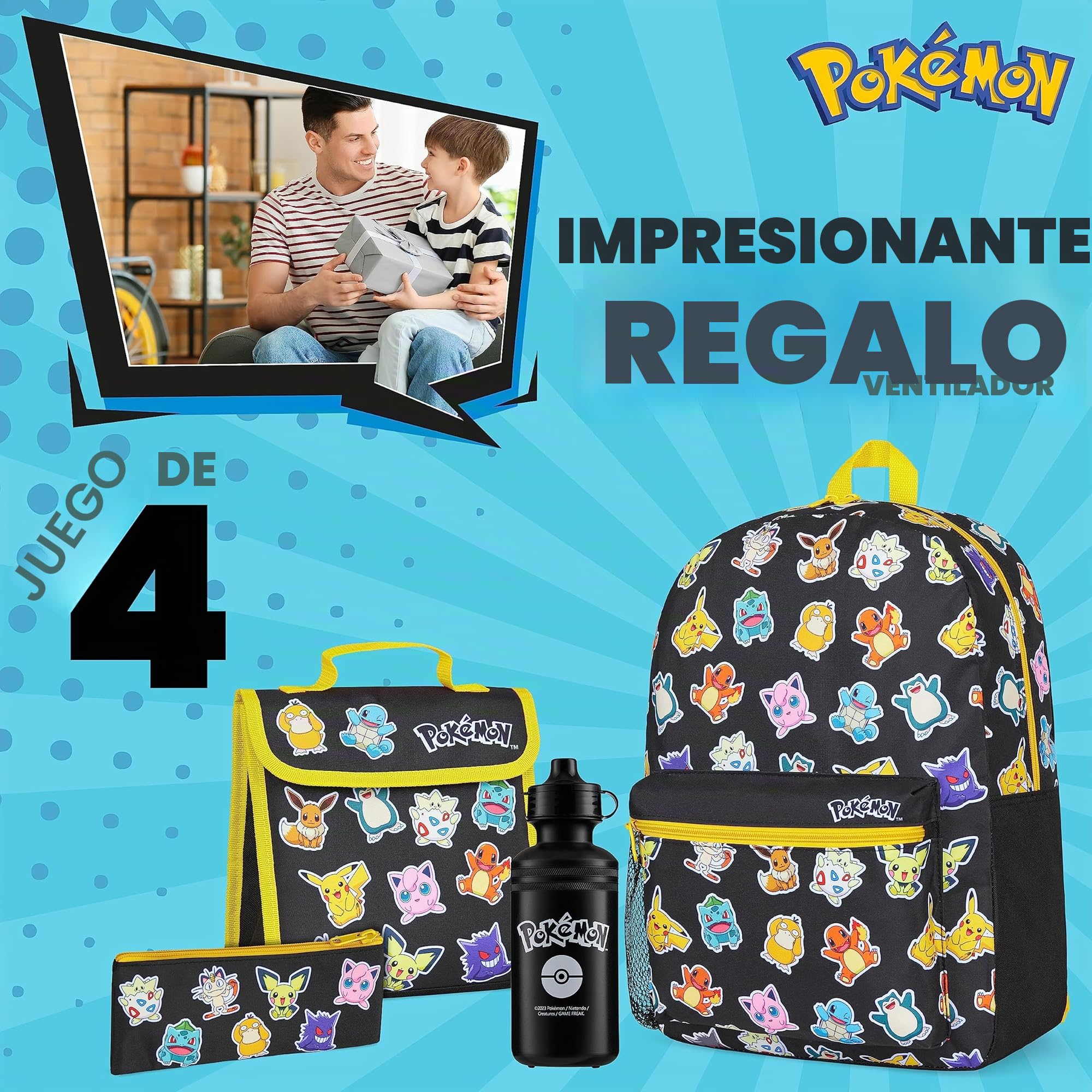 Pokémon Mochila Escolar Set Mochilas Escolares 4 Piezas con Botella de Agua Bolsa Almuerzo Estuche Infantil o Cartera Anime Material Escolar (Negro/Multi Set 4 Pzs)