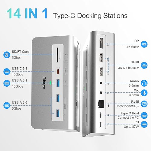 Miniatura 2 de Estación de acoplamiento USB C para laptop con monitor doble, adaptador multipuerto USB C 14 en 1 con HDMI dual, DP, entrega de 100 W, etenet de 1