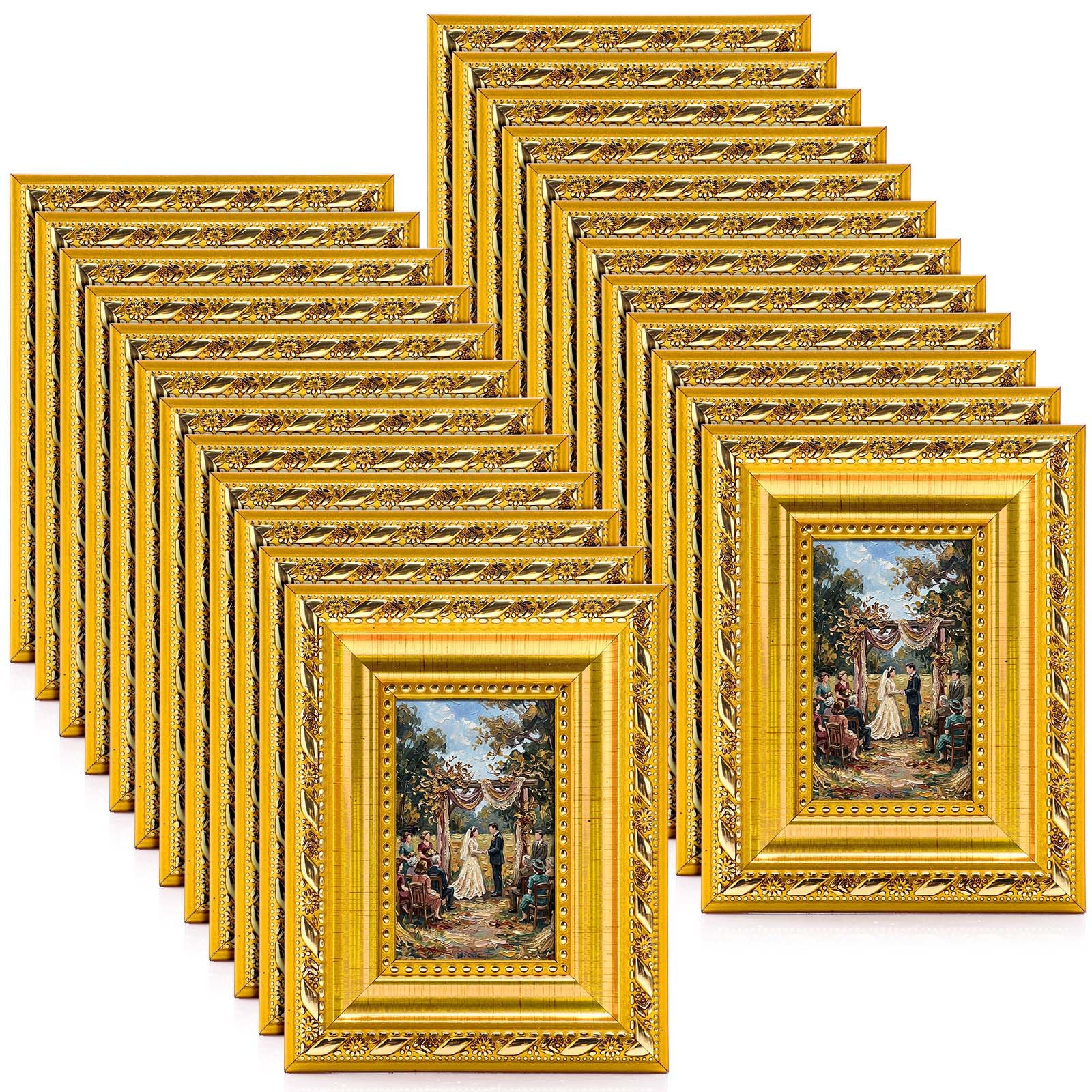 24 Pcs 2 x 3 Inch Small Gold Picture Frames Bulk Mini Vintage Antique Ornate Retro Baroque Photo Frames with Backboard for Wall Hanging Tabletop Home Decor Wedding Christmas Display