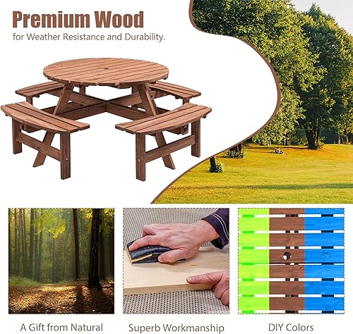 Miniatura 3 de Mesa de picnic de madera para 8 personas, mesa circular de picnic de madera para exteriores, mesa de comedor con 4 bancos, mesa exterior y banco