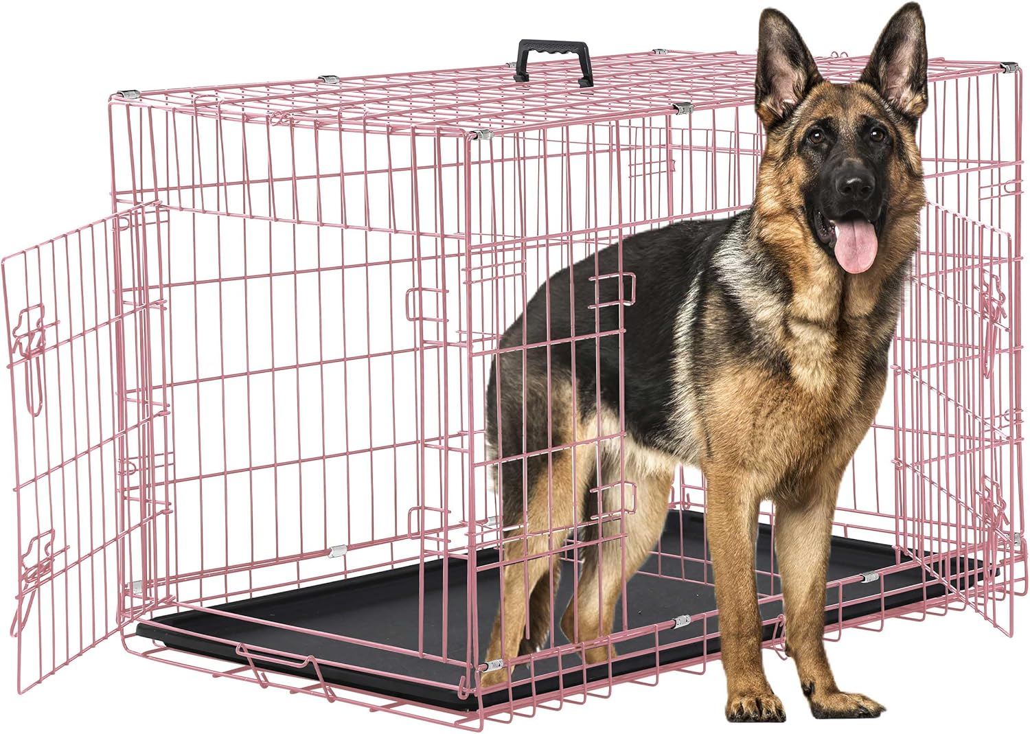 Large Crate, 48 Inch for Large Dogs, Folding Metal Puppy Cage XXL With Tray, Indoor Outdoor Kennel, Double Door and Divider Panel, 48" L x 30" W x 32" H, Pink