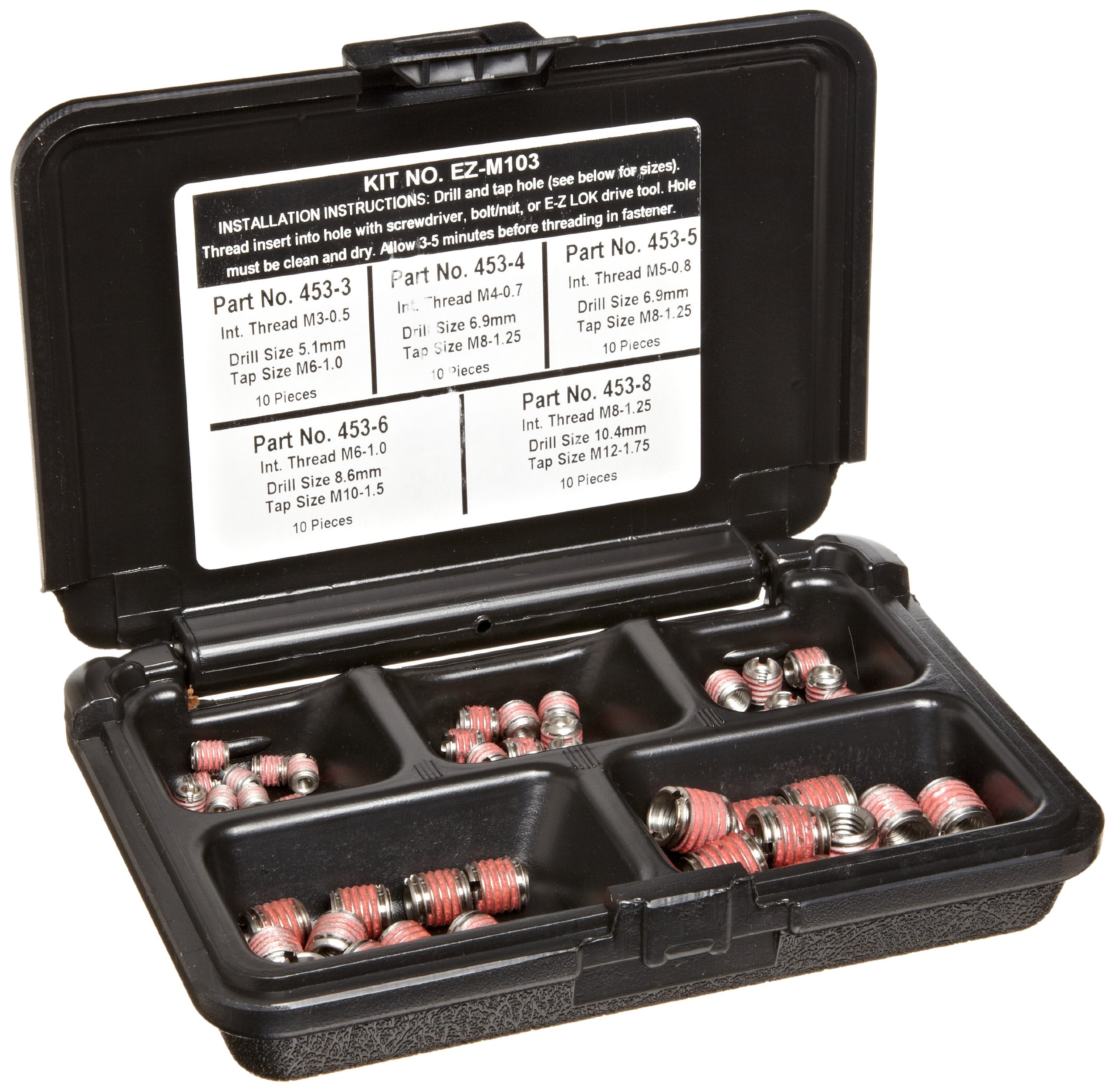 E-Z LOK insertos roscados para metal; kit surtido; acero inoxidable; roscas métricas internas, M3-0.5, M4-0.7, M5-0.8, M6-1.0, M8-1.25; 50 piezas