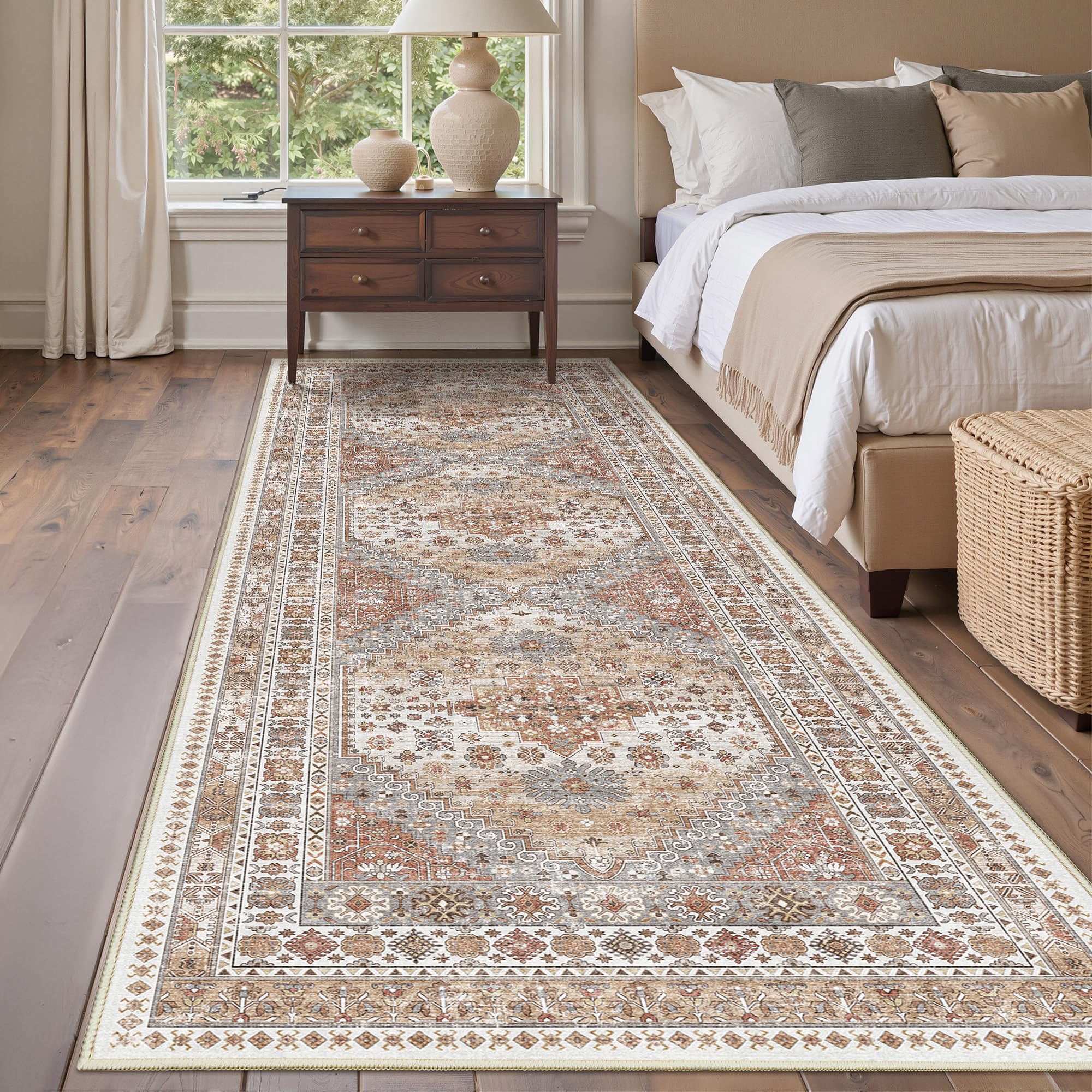 3x10 Runner Rug Non Slip Washable Hallway Runner, Orange | Vintage Rugs for Entryway, Front Porch, Laundry Room, Bedroom, Stain Resistant Thin Indoor Kitchen Mats for Floor Orange 3' x 10' (Runner)