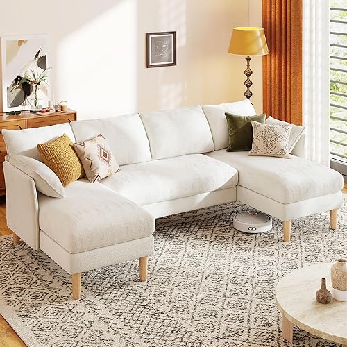 WorthFurni U Shaped Sectional Couches for Living Room, Modular Sectional Sofa with Double Chaise Lounge, 4 Seat Chenille Upholstered Sofa Set, Soft Comfy Couch for Apartment Home (Beige)