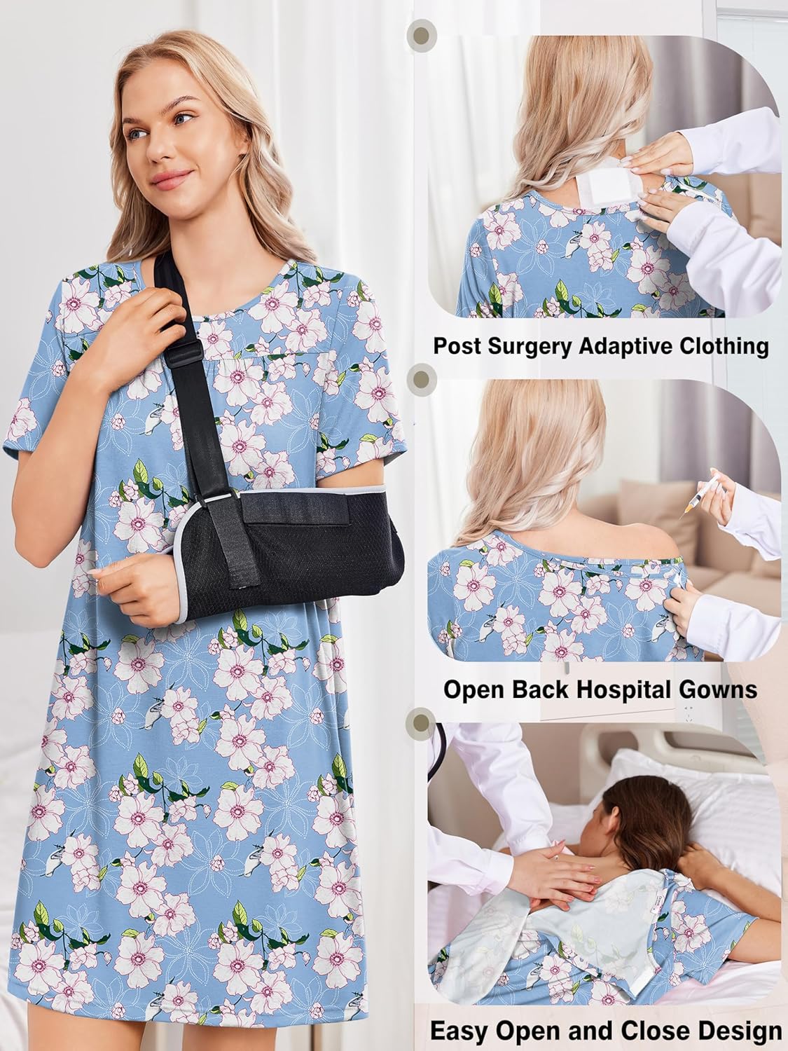 Deyeek Hospital Gowns for Women Tear Away Snap Open Back Dress Post Shoulder Surgery Dresses Soft Adaptive Clothing Nightgown - Image 5