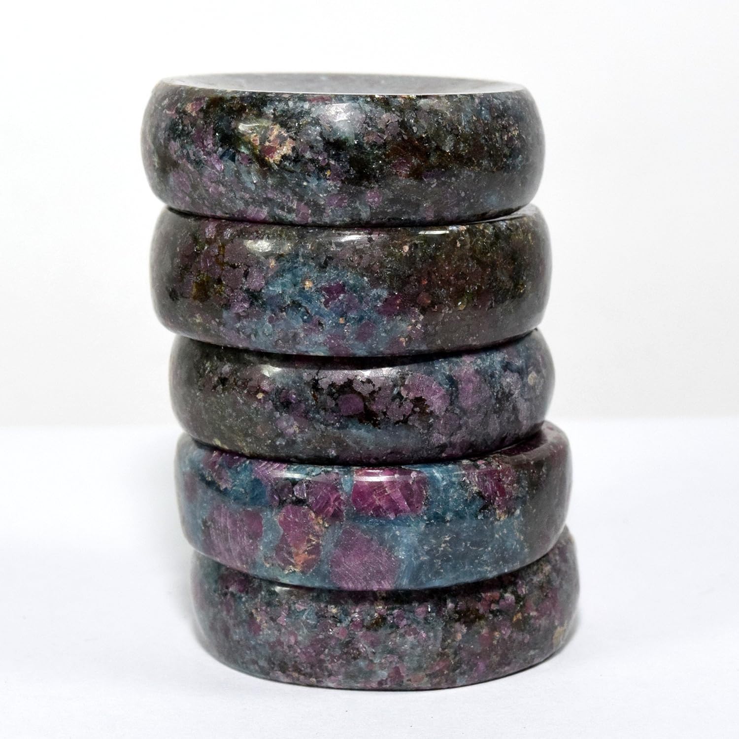 HQRP 36mm Natural Blue Kyanite with Red Ruby Crystal Stand for Spheres/Eggs Polished Worry Stone Gemstone Mineral Specimen from India - 5PCS