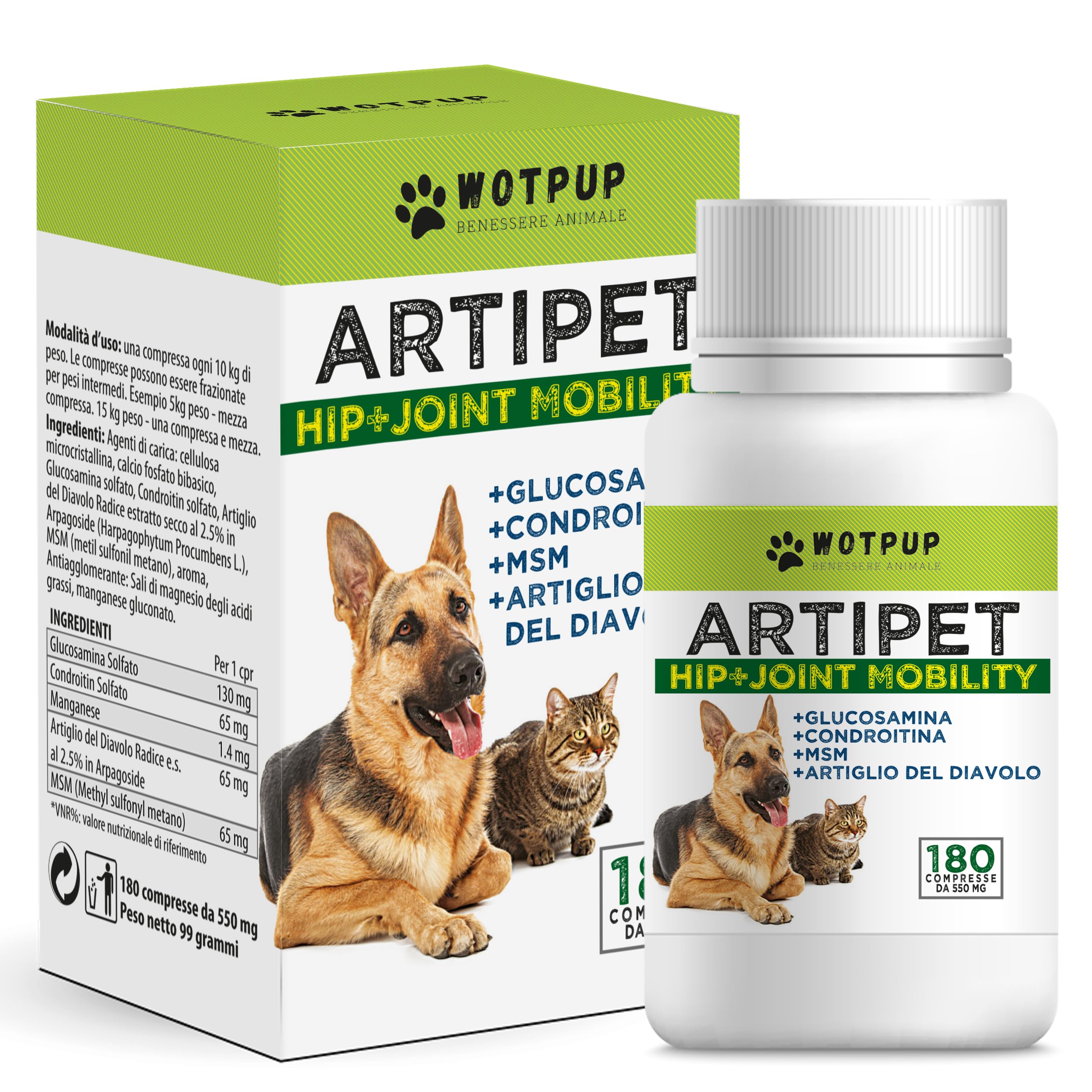 Artipet, integratore per articolazioni cani | 180 compresse da 550mg con MSM, Artiglio del Diavolo, Condroitina, Glucosamina | per cani e gatti di tutte le taglie | Fornitura 6/​9 mesi, Fatto in Italia