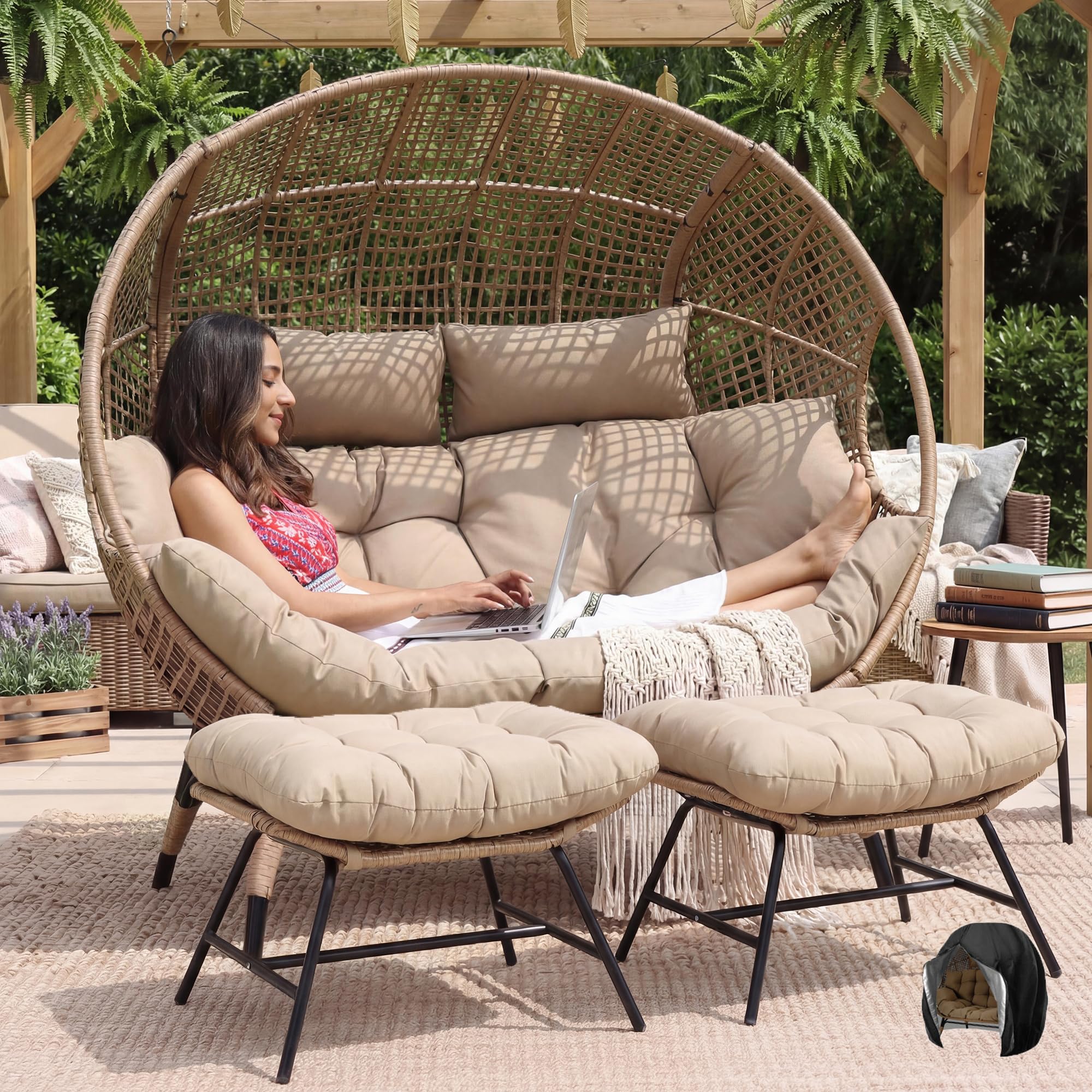 NICESOUL Indoor Outdoor Double Egg Chair with Footstools &amp; 6.5" Thick Cushions, Oversized Wicker Egg Shaped Chair with Footrest, Stationary 2 Seater Comfy Loveseat for Patio Backyard Garden Sunroom