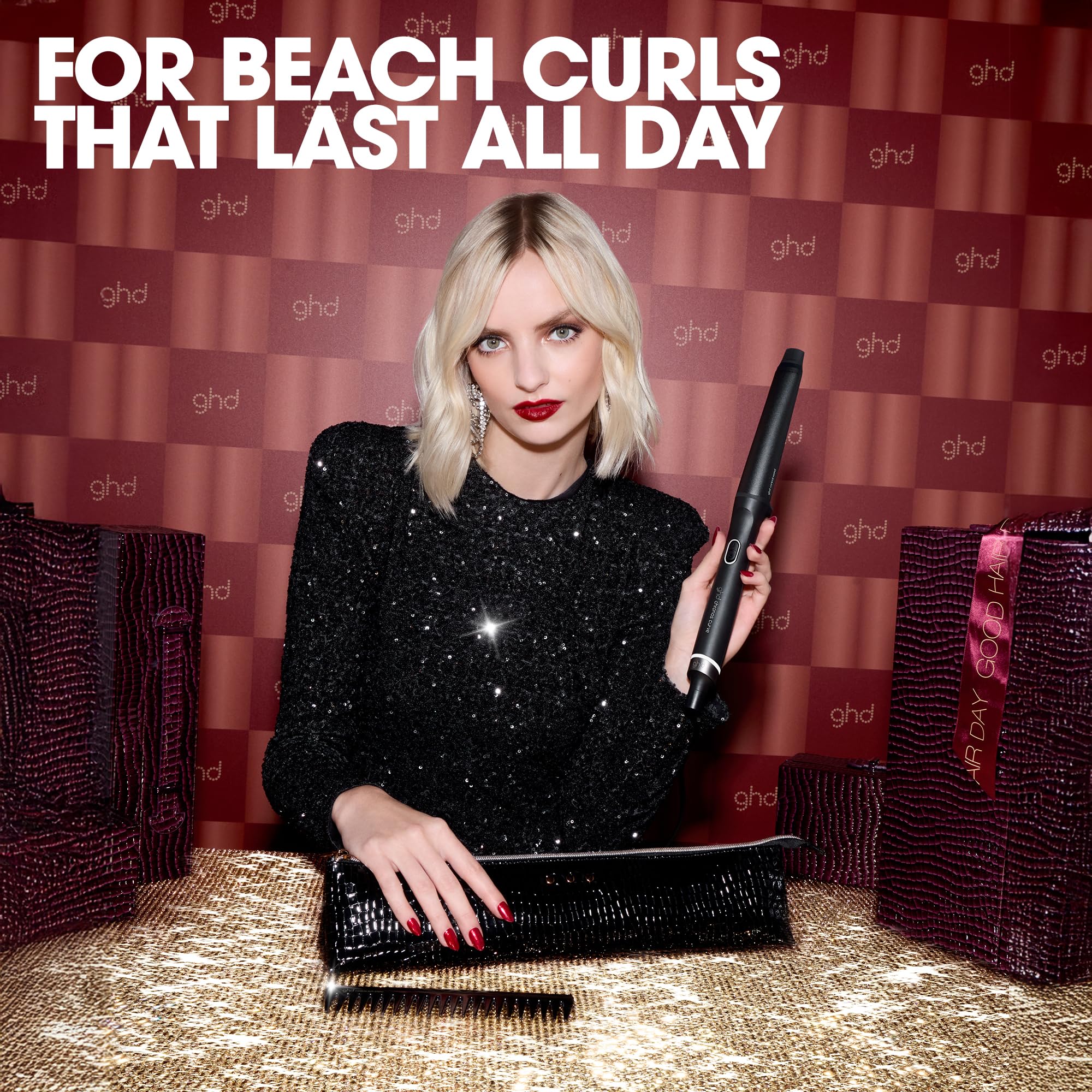 ghd Chronos Curve - Juego de regalo de varita cónica festiva, rizador de pelo, con cepillo de paleta y bolsa resistente al calor, para rizos de playa que duran todo el día