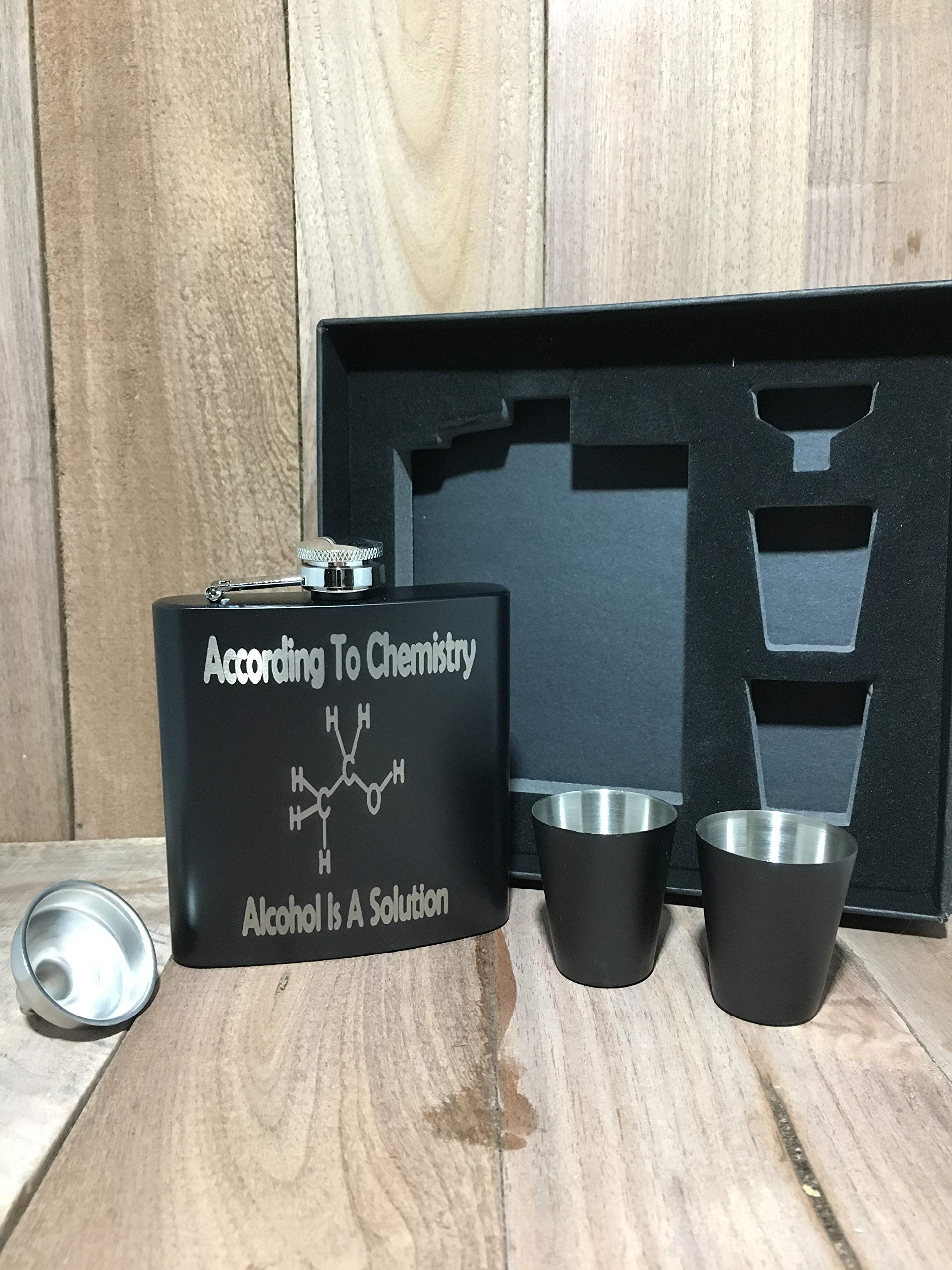 Custom Engraved According to Chemistry, Alcohol is a Solution Black Flask