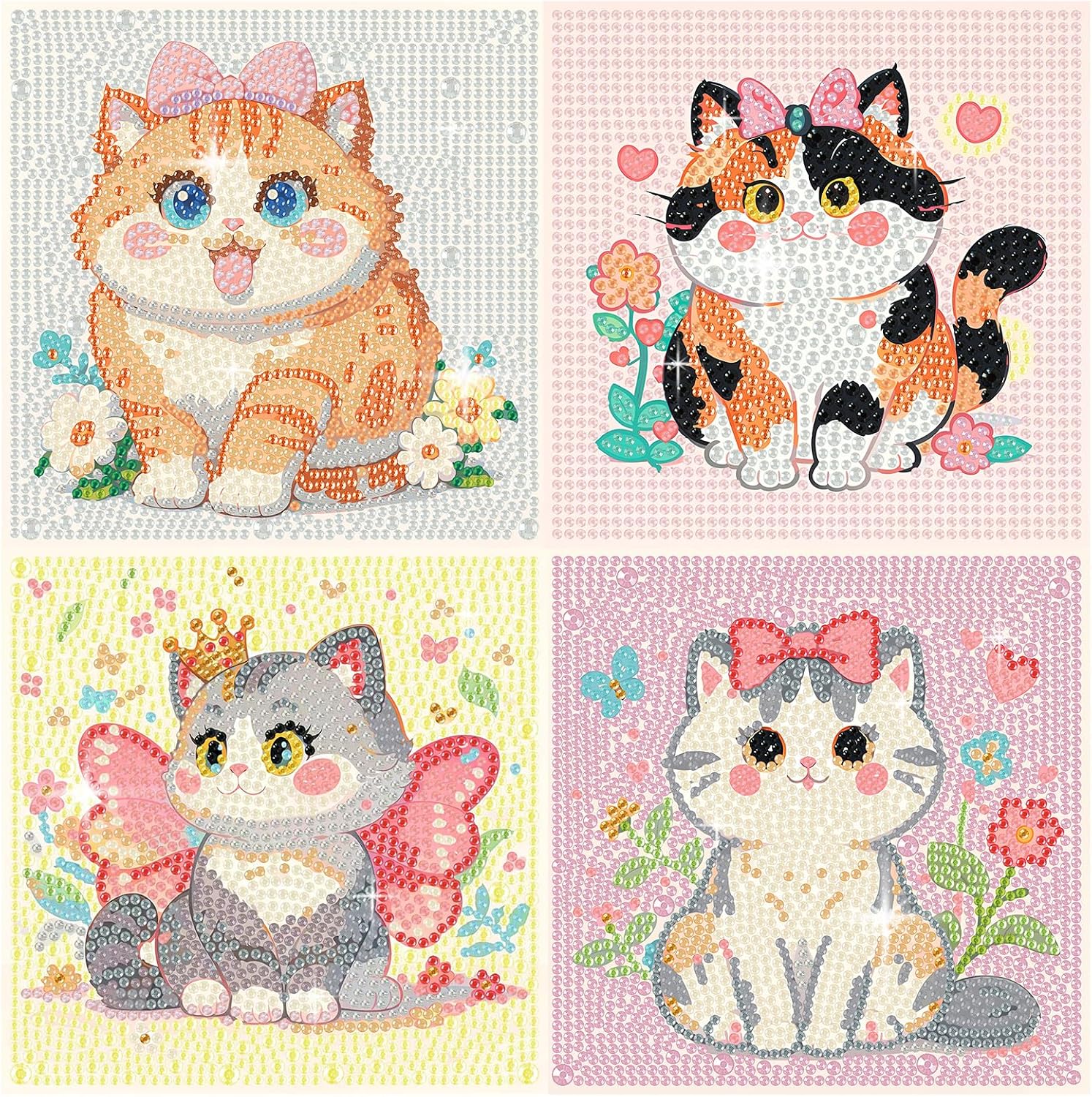FlyingMage 5D Diamond Art Kits for Adults, Kawaii DIY Painting Art for Women, 4 Pack Cute Diamond Arts and Crafts Sets, Diamond Art Mosaic Kits,Big Gem Full Drill Diamond Dots, Cat