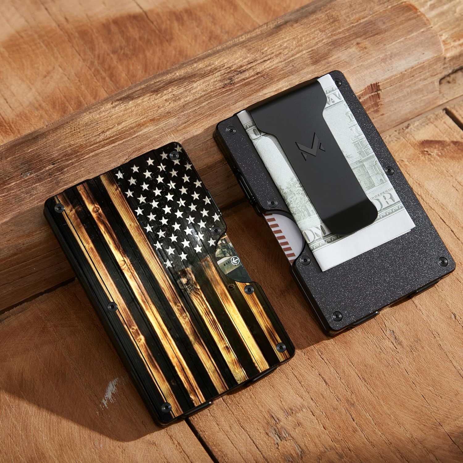 Minimalist Aluminum Wallet for Men, Slim RFID Blocking Money Clip, Front Pocket Metal Card Holder for Business Travel, Wood Grain American Flag, Personalized USA Gifts for Soldiers Veteran - Image 5