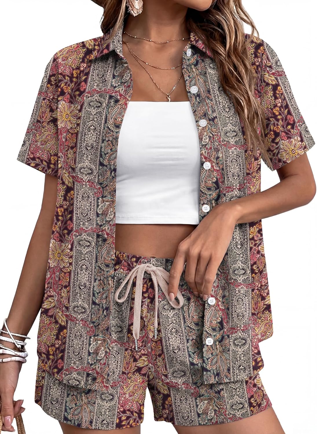 Rapbin Women's 2 Piece Summer Outfits Button Down Short Sleeve Shirt Set, Suitable for Office, Travel & Shopping Black