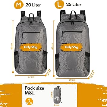 Backpacker's Journey Foldable Rucksack 20 L / 25 L – Ultralight, Packable & Waterrepellent Daypack – Lightweight Fold‑Away Backpack for Travel, Hiking & Everyday Use (grey 20L)