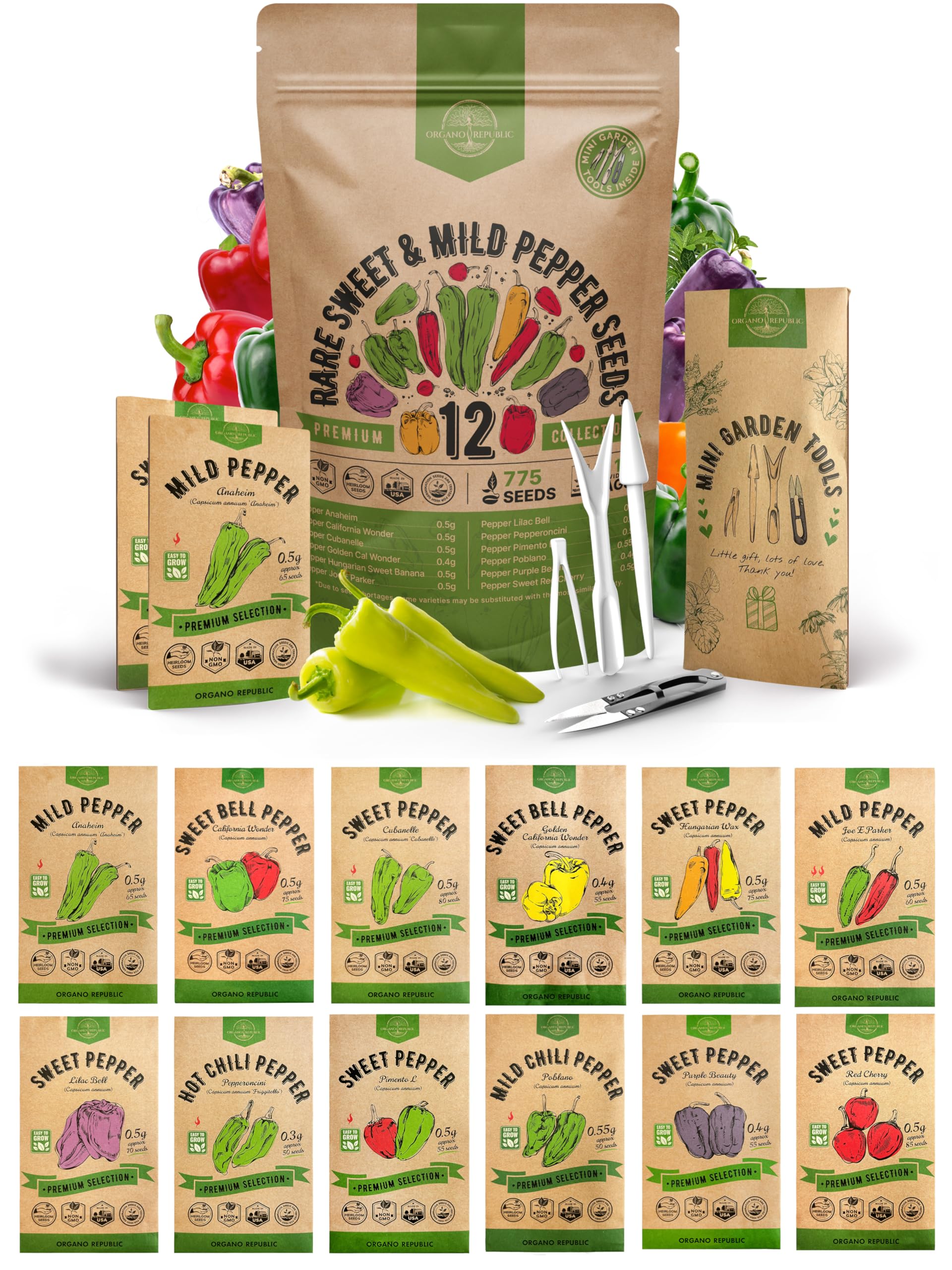 Organo Republic 12 Rare Sweet & Mild Pepper Seeds Variety Pack - 770+ Non-GMO Heirloom Pepper Seeds for Outdoor and Indoor Home Gardening, Including Pepper Anaheim, Pepperonchini, Pimento, Lilac Bell