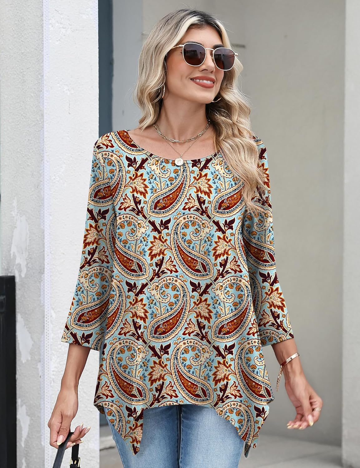 AKEWEI 3/4 Length Sleeve Womens Loose Fit Blouses Dressy Casual Tunic Tops Crew Neck Tees S-2XL - Image 5