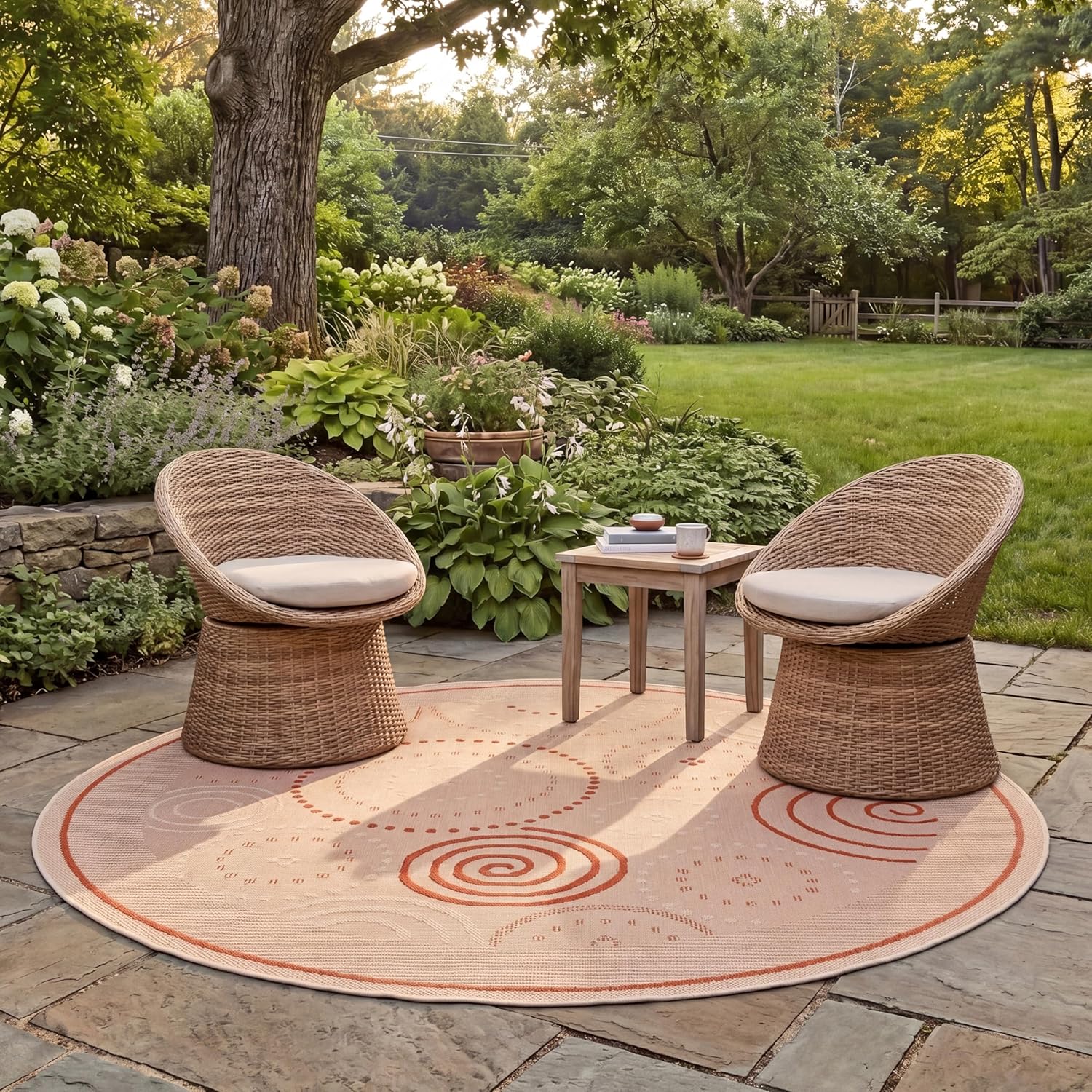 SAFAVIEH Washable Rug Outdoor Courtyard Collection - 5'3" Round, Natural & Terracotta, Non-Shedding & Easy Cleaning, Ideal for Patio, Backyard, Mudroom (CY1906-3201)