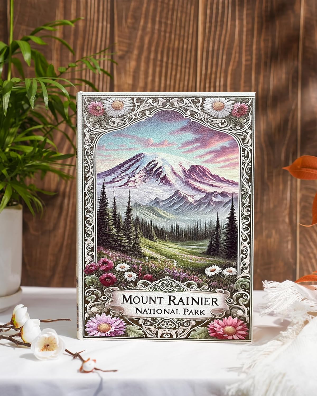 Decorative Wooden Book Box - Vintage Faux Book Boxes with National Park Design, Secret Storage with Magnetic Closure, Leather Cover, Perfect for Home Office Bookshelf (Mount Rainier) image 3
