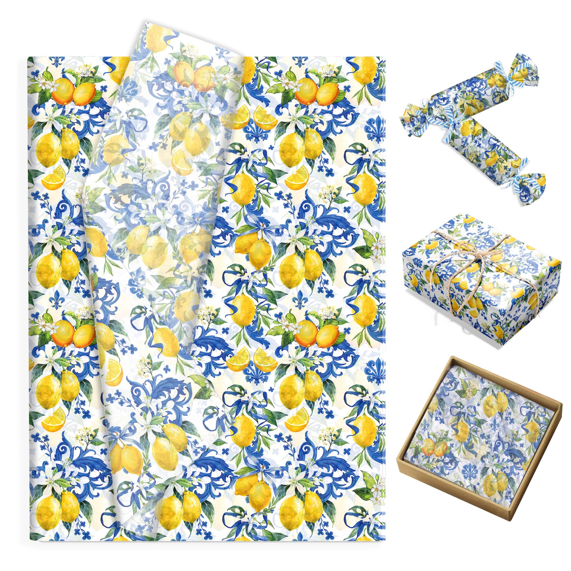 50 Blatt Blaues Porzellanmuster Seidenpapier mit Zitronenmotiv Retro Blumenmuster Geschenkpapier für Geburtstag Hochzeit DIY, 50x35 cm