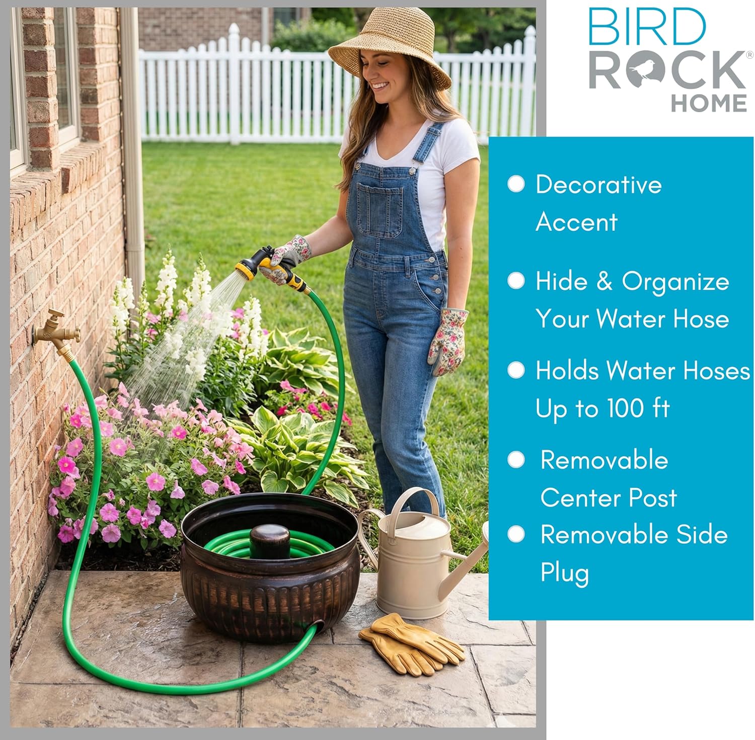 BIRDROCK HOME Water Hose Holder - Decorative Metal Pot, Indoor or Outdoor, Garden Storage Organizer, Patio Portable Bucket - Distressed Bronze, Holds up to 100ft Hoses, Medium No Lid
