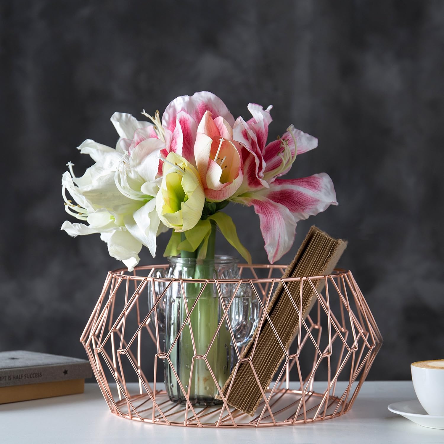 New Arrivals MyGift Rose-Gold Geometric Metal Wire Countertop Fruit Basket Produce Storage Organizer Bin