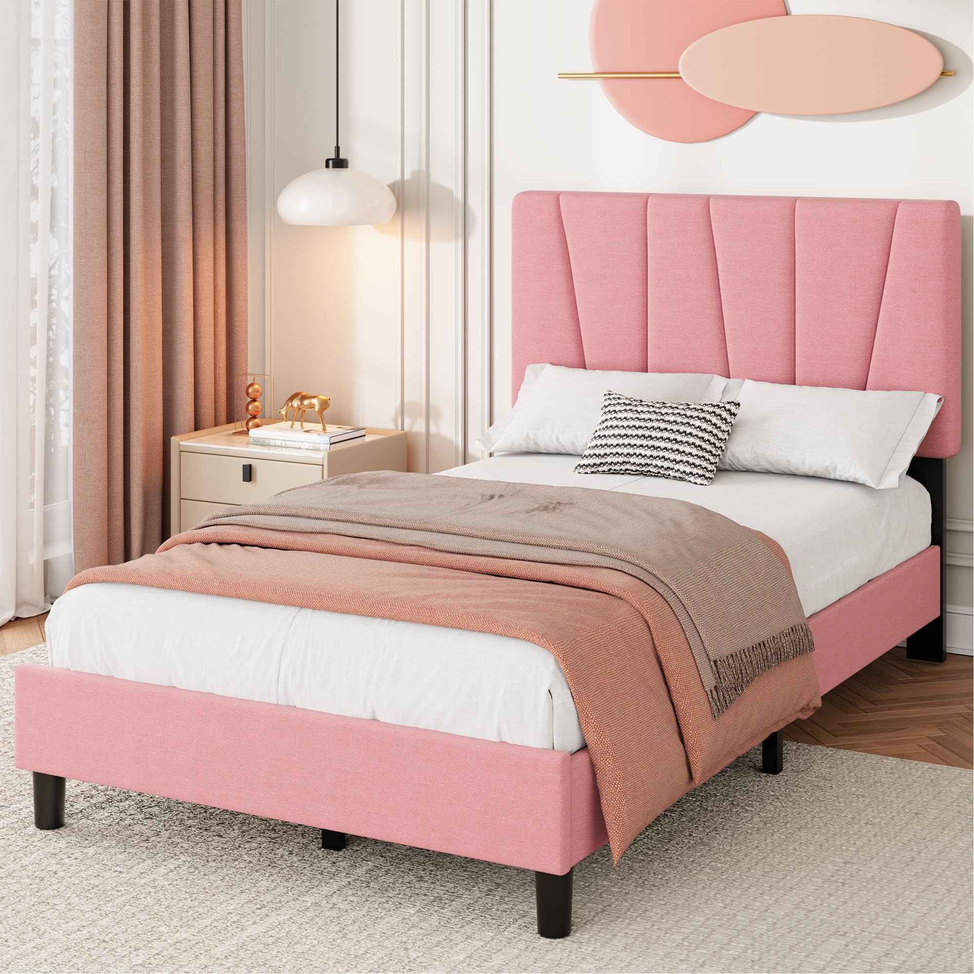 Twin XL Size Platform Bed Frame for Kids, Linen Upholstered Headboard & Wooden Slats Support, Noise-Free Mattress Foundation/No Box Spring Needed/Easy
