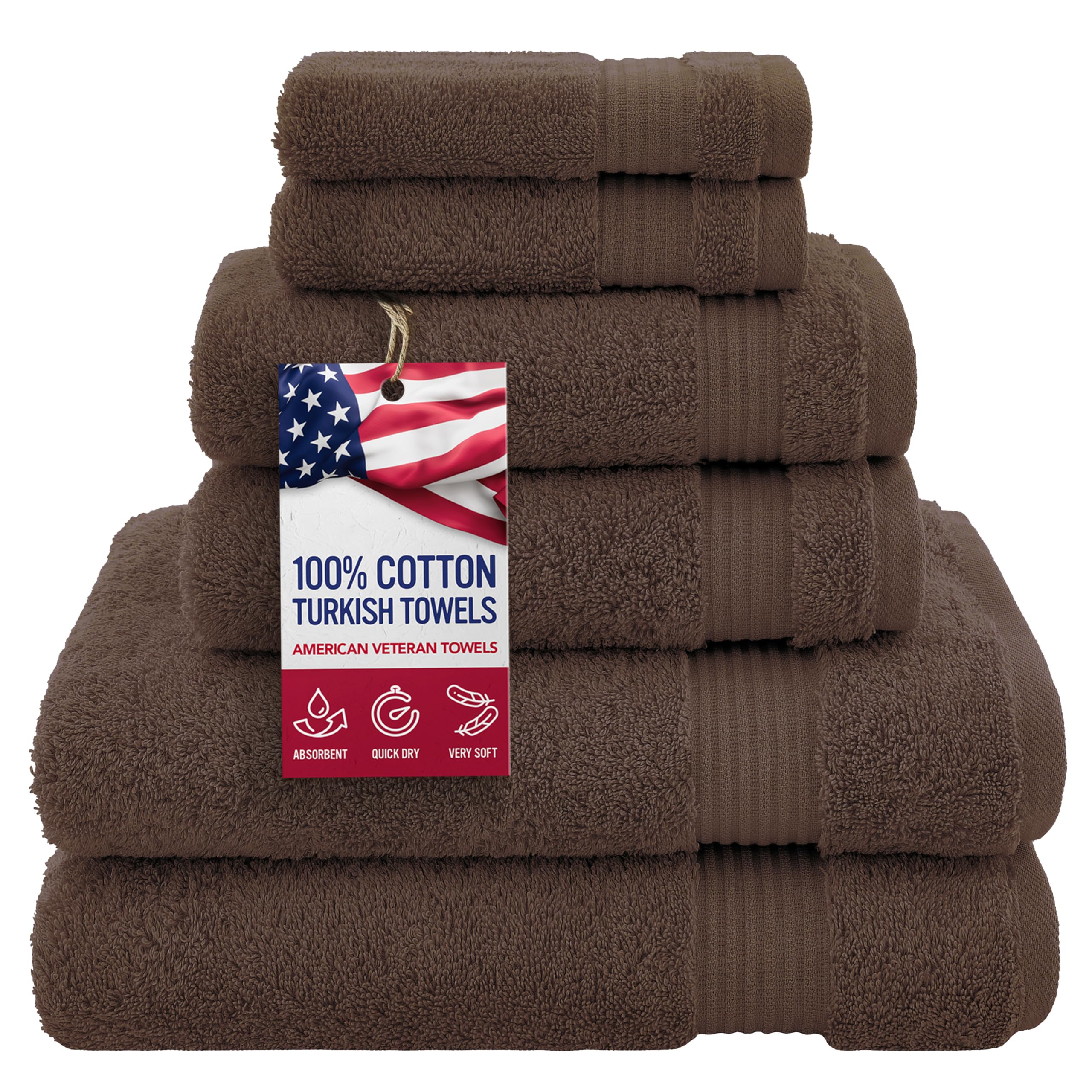 American Veteran Towel, 100% Cotton Turkish 6 Piece Towel Set, Luxury Towels Set of 6 for Bathroom Essentials, 2 Bath Towels 2 Hand Towels 2 Washcloths, Brown