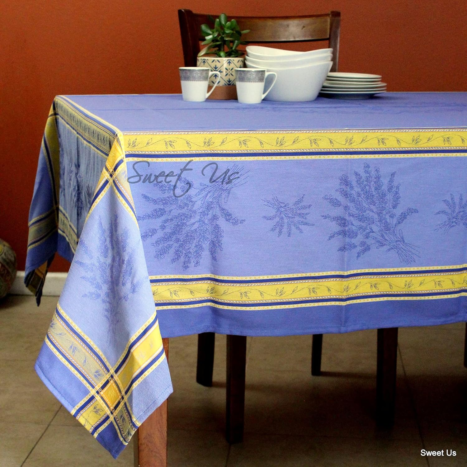 Sweet Us Lavande Mystique Wipeable Tablecloth Spill Resistant Teflon Coated, Floral Cotton French Provencal Tablecloth for Rectangle Tables, for Indoor and Outdoors, Bleu Sérénité, 63 x 116