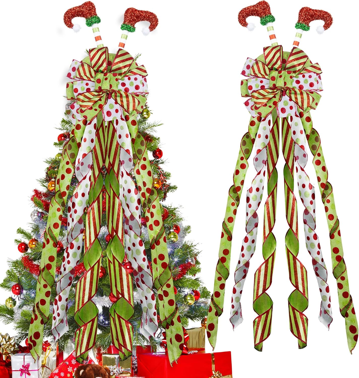 Christmas Tree Topper Wreath Bow with Elf Legs, 52×12Inch