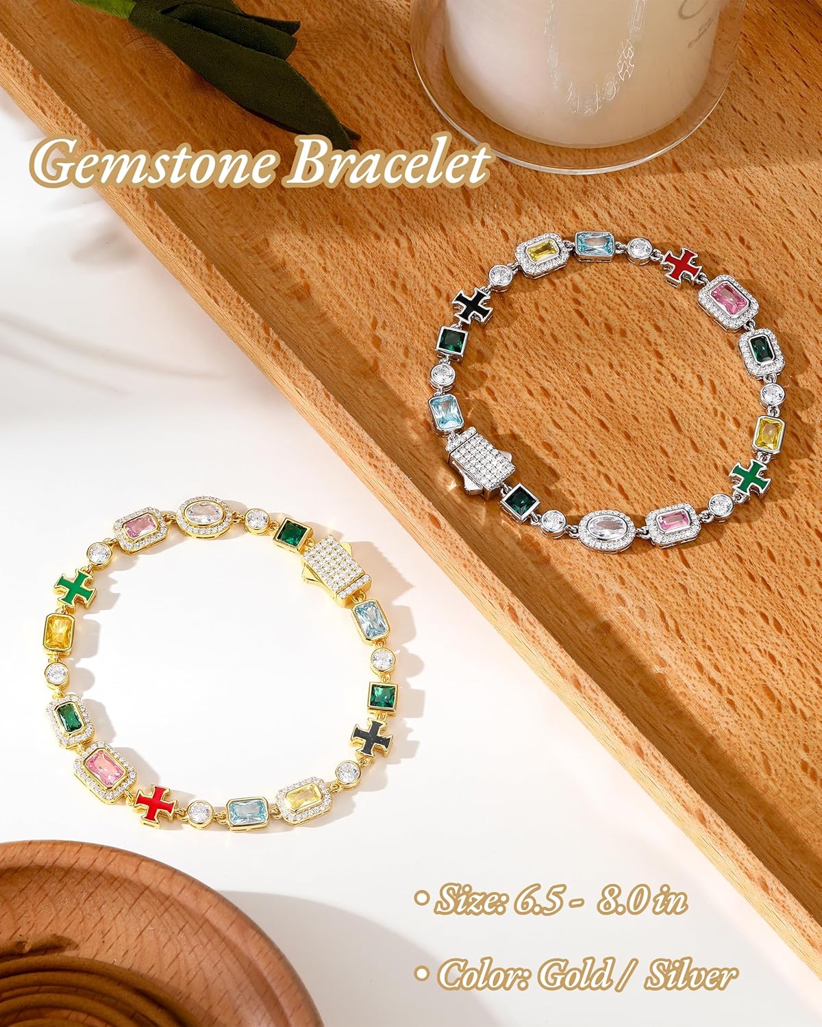 925 Sterling Silver Tennis Bracelet For Women Men 18K Gold Plated Multi-Color Cubic Zirconia Colorful Gemstone Bracelet, Hypoallergenic, 7MM, 6.5-8.5Inches- Birthday Valentines Day Gifts For Her Him - Image 7