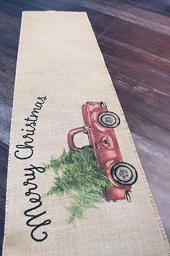 Miniatura 3 de Vintage Red Truck Merry Christmas burlap table runner