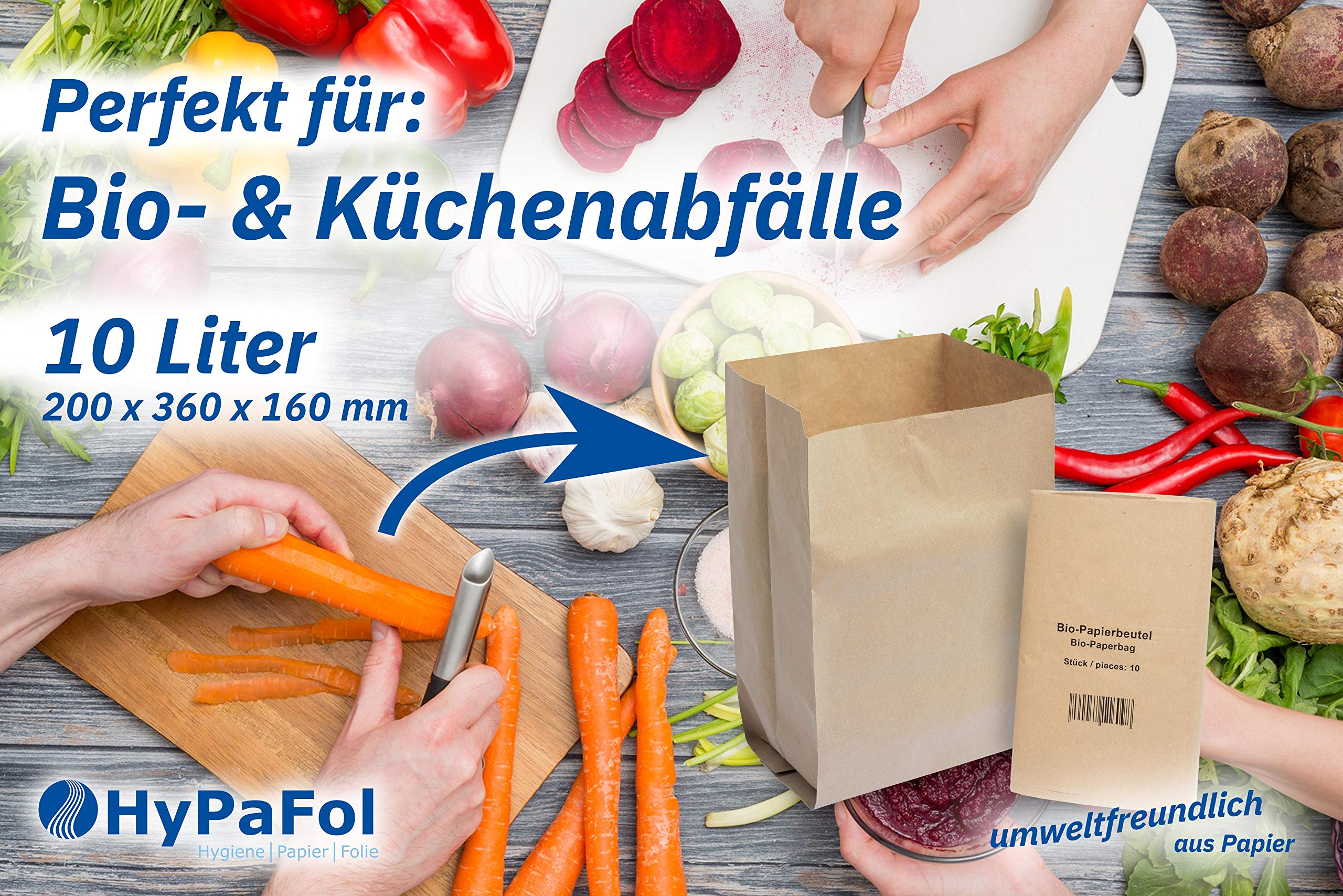 Hypafol Bio Papier Müllbeutel 300 Stück | abbaubare braune Biomüllbeutel für kompostierbare & biologische Abfälle und mehr | ohne Plastik | 1-lagig, Tüten mit 10 L Fassungsvermögen | 200x160x360 mm