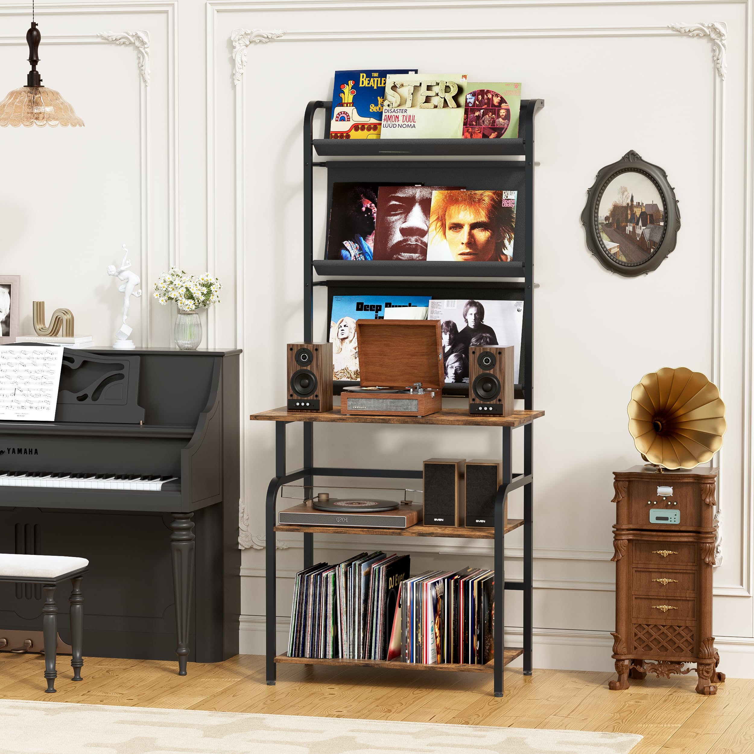 6 étages Platine Support Vinyle Rangement,Présentoir pour Disques Vinyles avec 3 étages rangement de disques vinyles,Armoire Table de Tourne,Tourne Disque Vinyle Stockage pour Salon,Studio,78x169x38cm