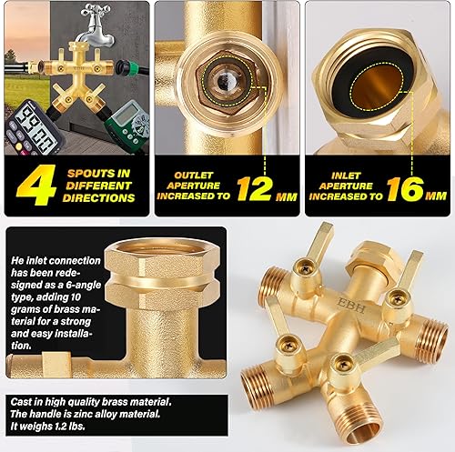 Miniatura 4 de EBH Divisor de manguera de jardín de latón de flujo completo, divisor de manguera resistente de 4 vías de alto flujo, boquilla multiángulo de 34