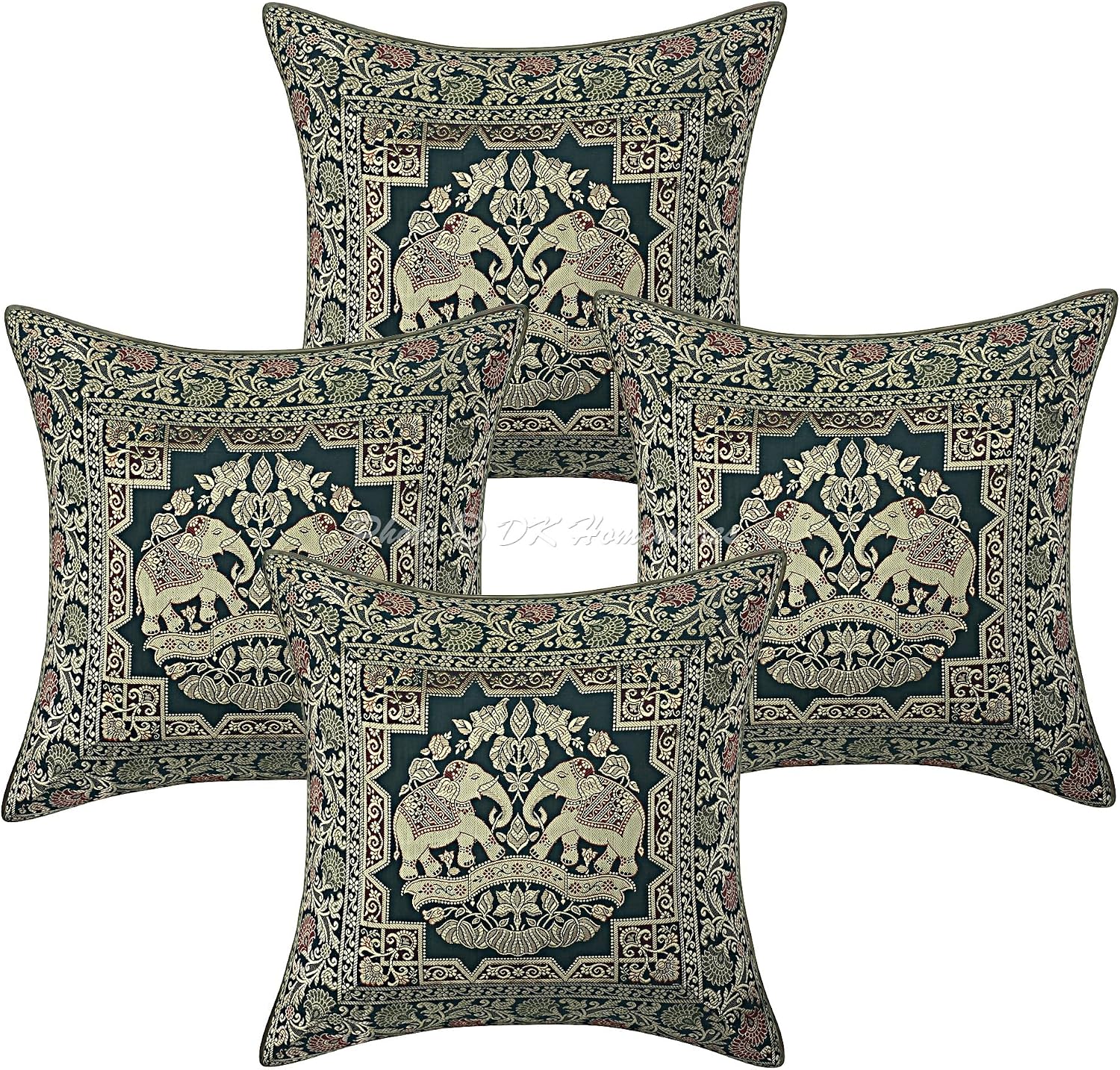 Indian Throw Cushion Covers 16 Inch Brocade Jacquard Weave Ethnic Square Elephant Cushion Covers (Size - 40x40 cm ; Color: Dark Green & Gold) - Set of 4 Pcs (Cover Only)