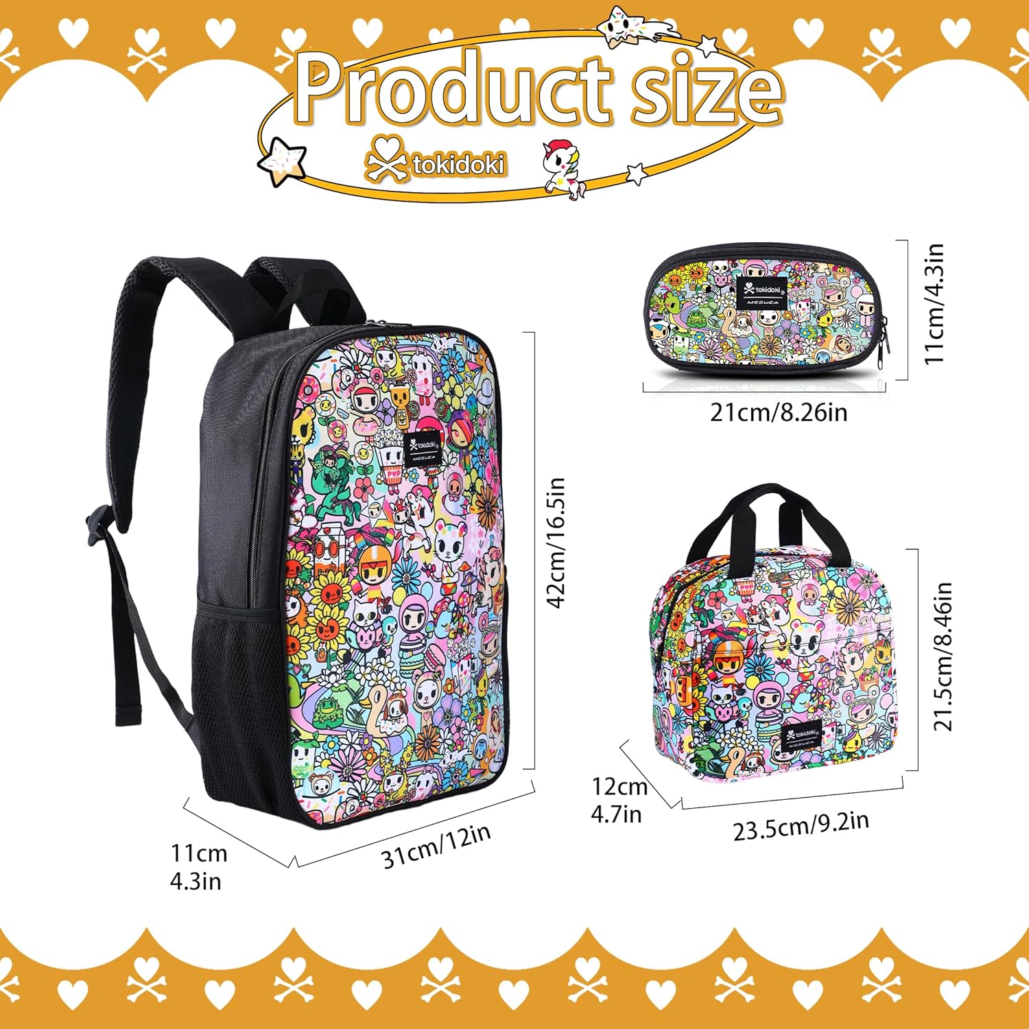 Tokidoki Backpack Set Casual Backpack with Unicorno Keychain Cute Laptop Bag Insulated Lunch Bag (yellow)