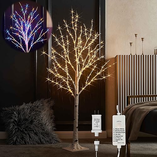 LITBLOOM Lighted Twig Birch Tree Plug in with 8 Functions 4FT 200 Warm White and Multi Color LED Lights for Indoor Outdoor Home Bedroom Christmas Easter Decoration