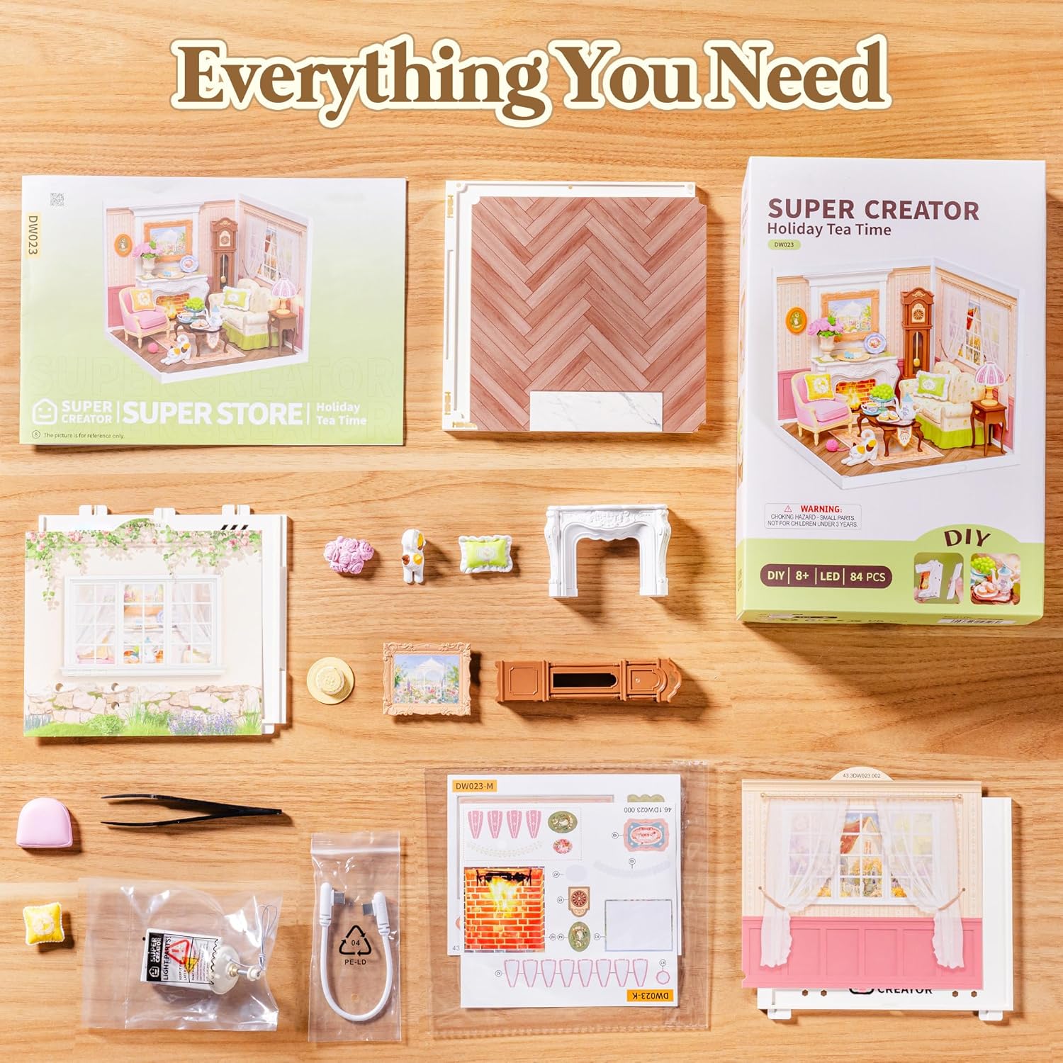 ROBOTIME Super Creator Kits, DIY Miniature House Kit with LED, Plastic Mini House, Toy Building Set for Adults, Craft for Home Decor Unique Gift (Holiday Tea Time)