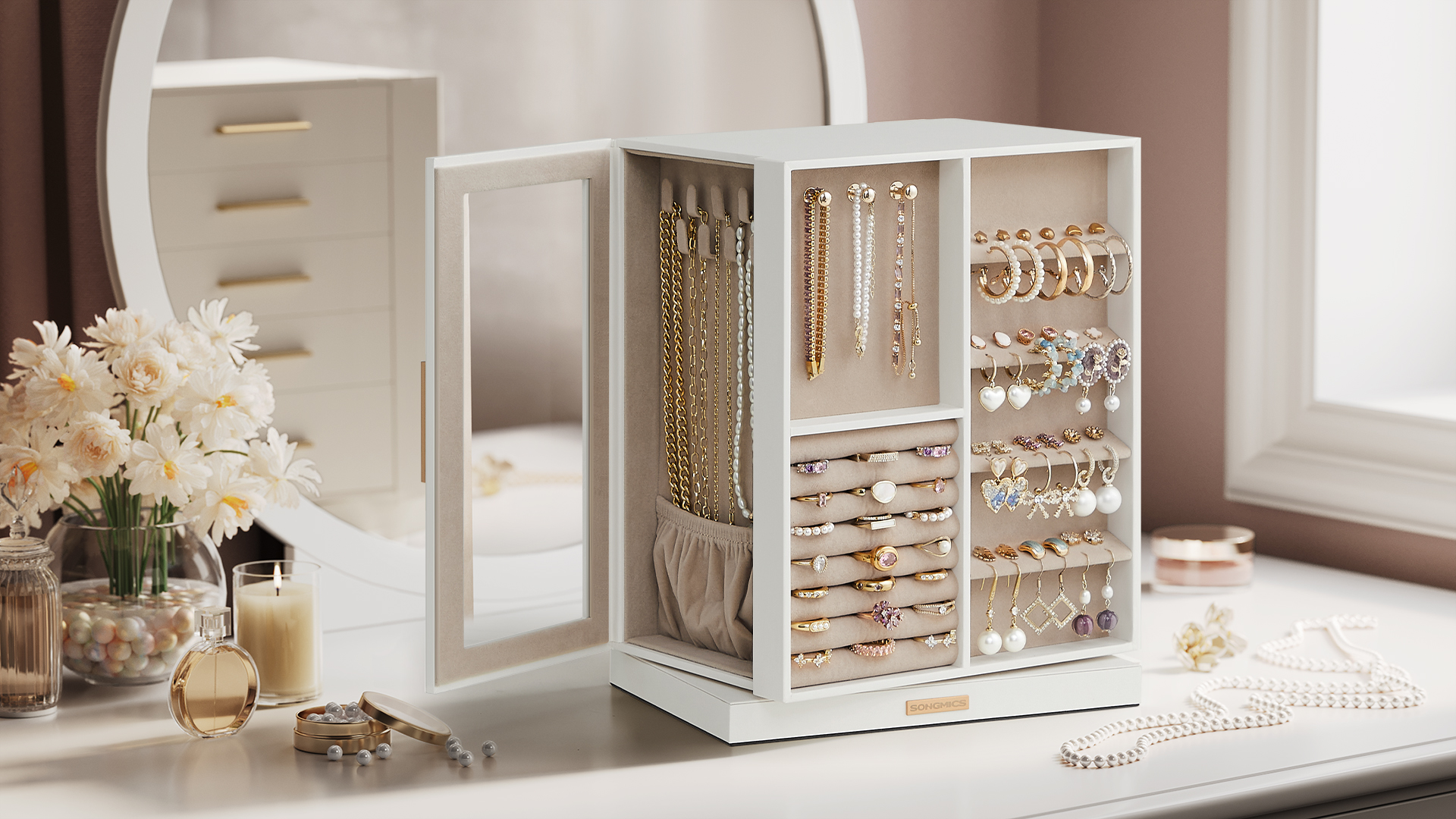 SONGMICS Boîte à Bijoux Rotative à 360°, Coffret à Bijoux avec 5 Tiroirs, Fenêtres en Verre Latérales, Grand, Rangement pour Accessoires, Design Ouvert, Blanc Nuage JBC170W01 SONGMICS Boîte à Bijoux Rotative à 360°, Coffret à Bijoux avec 5 Tiroirs, Fenêtres en Verre Latérales, Grand, Rangement pour Accessoires, Design Ouvert, Blanc Nuage JBC170W01