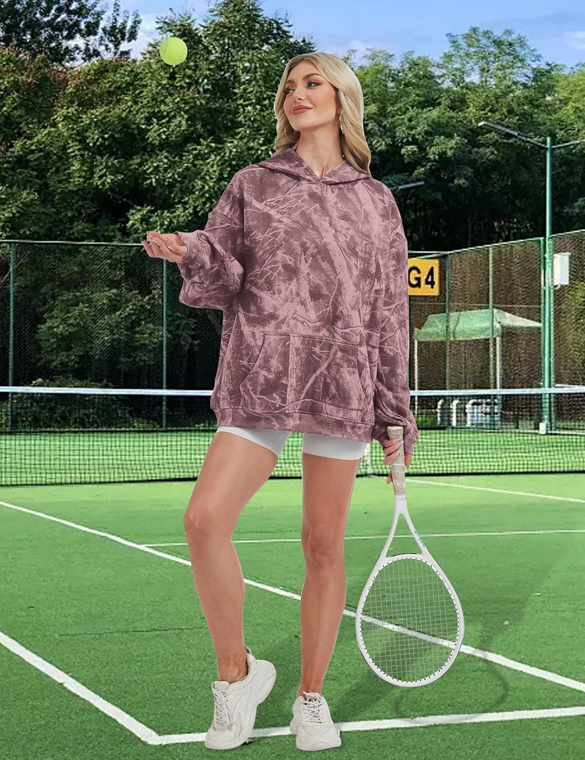 Womens Camo Hoodies Maple Leaf Print Oversized Hooded Sweatshirt Fleece Pullover Sweatshirts Long Sleeve with Pocket - Image 2