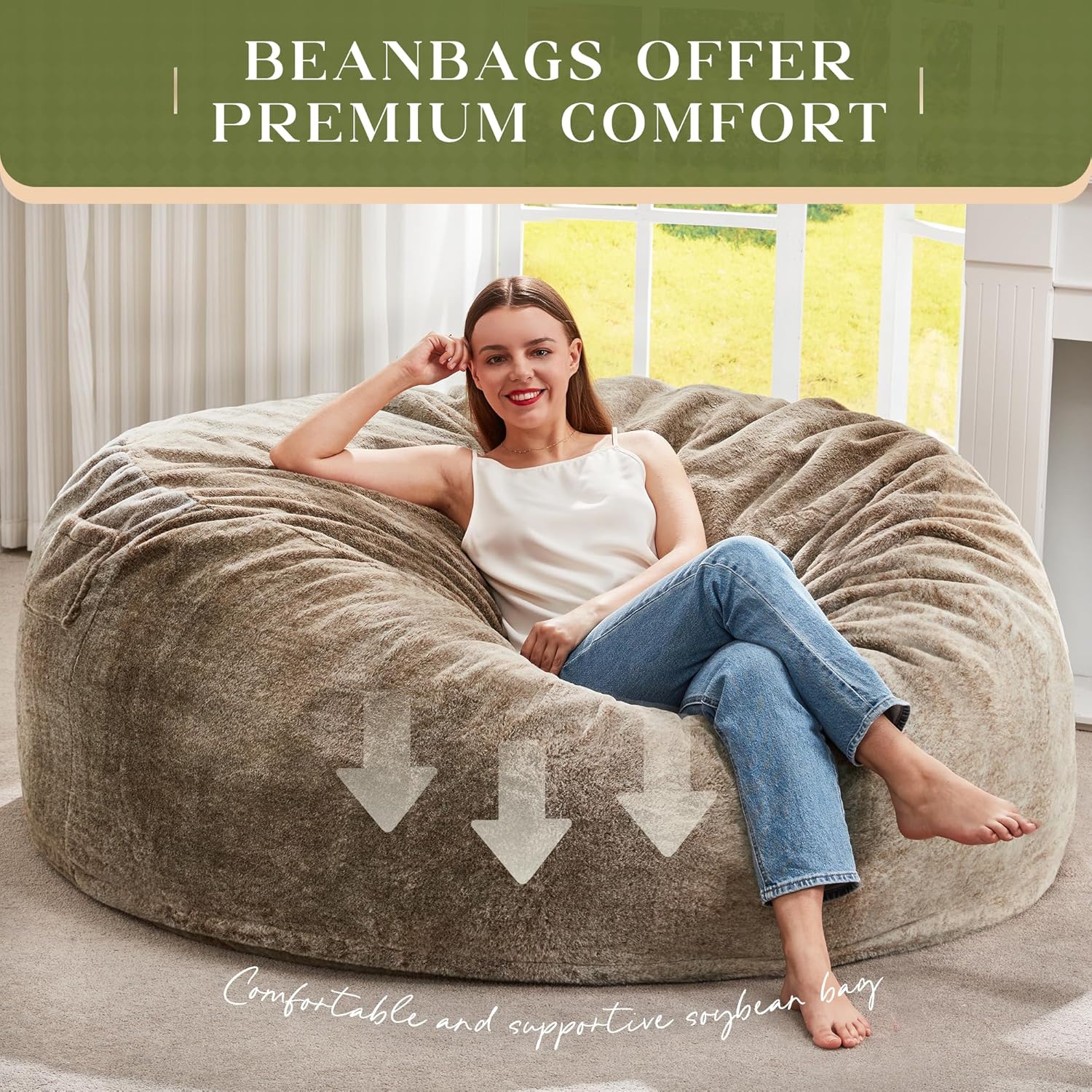 Hobestluk Bean Bag Chairs Giant Beanbag Chair with Filler, Memory Foam Bean Bags with Fluffy & Machine Washable Cover, Bean Bag Chairs for Aduts for Living Room, Bedroom (BROWN, 5FT - 50” x 50” x 24”) - Image 7