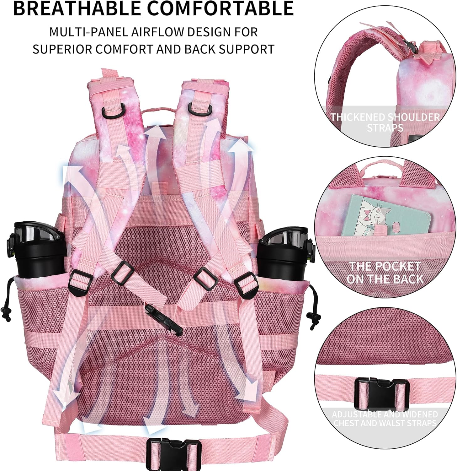 Military Tactical Backpack 45L/25L 3 Day Assault Pack Molle Daypack Hiking Backpack for Men and Women (Pink StarrySky, 45L) - Image 3