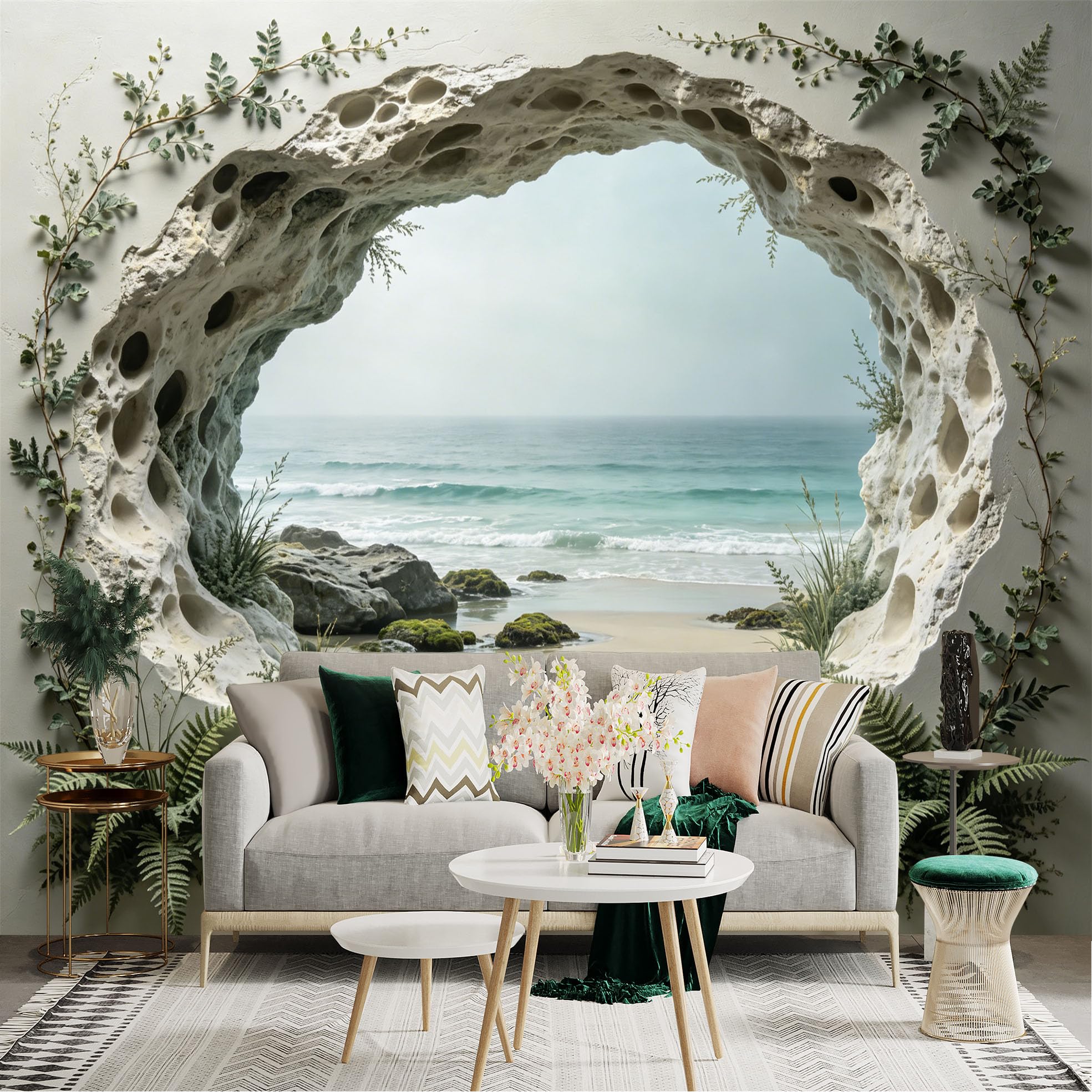 Custom Size Wall Sticker Mural， Ocean View Through Stone Arch with Ferns and Coastal Rocks， for wall Decoration， peelandstick wall Decals.